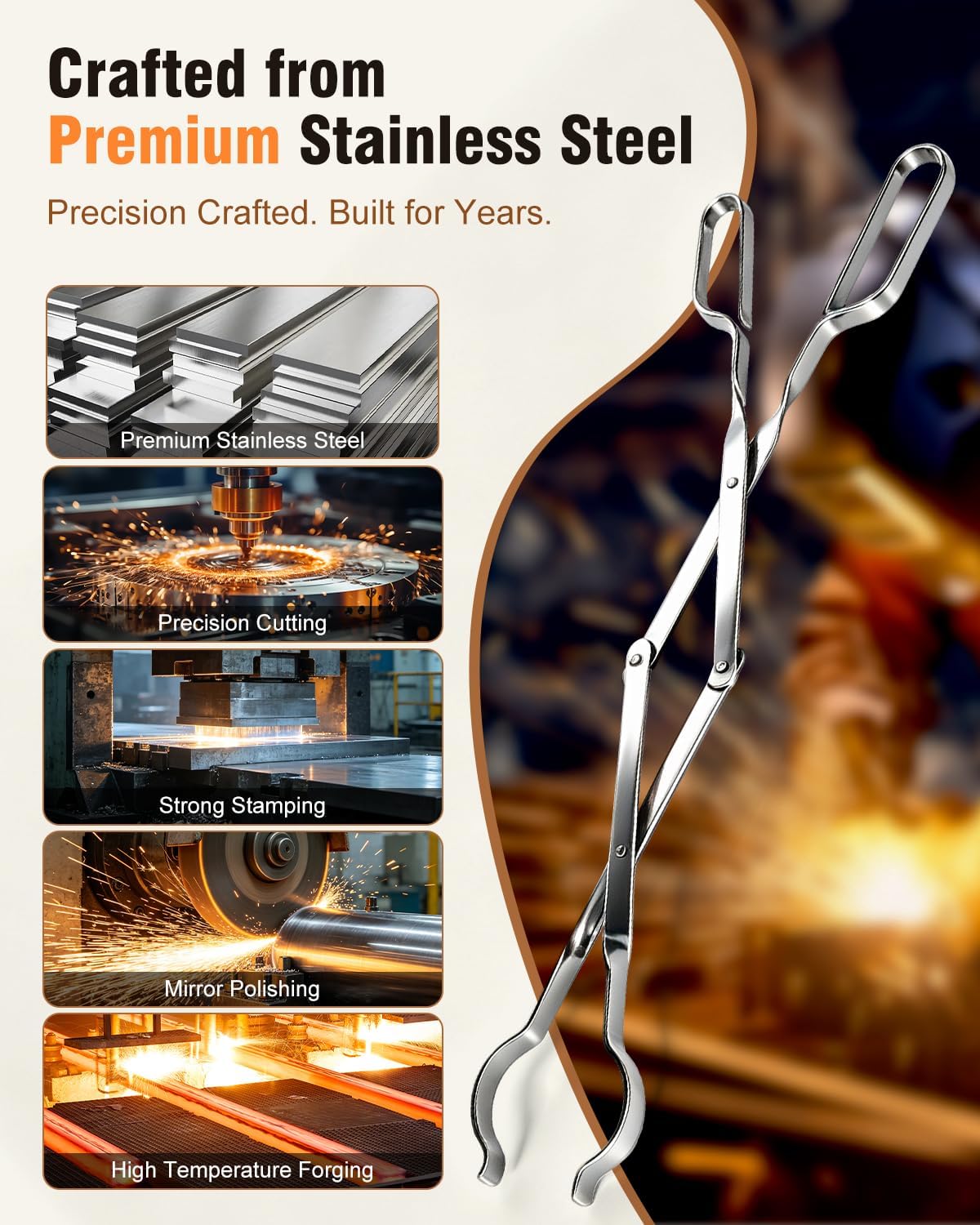 Himaly 26" Fireplace Tongs, Heavy Duty Stainless Steel Fire Pit Tool