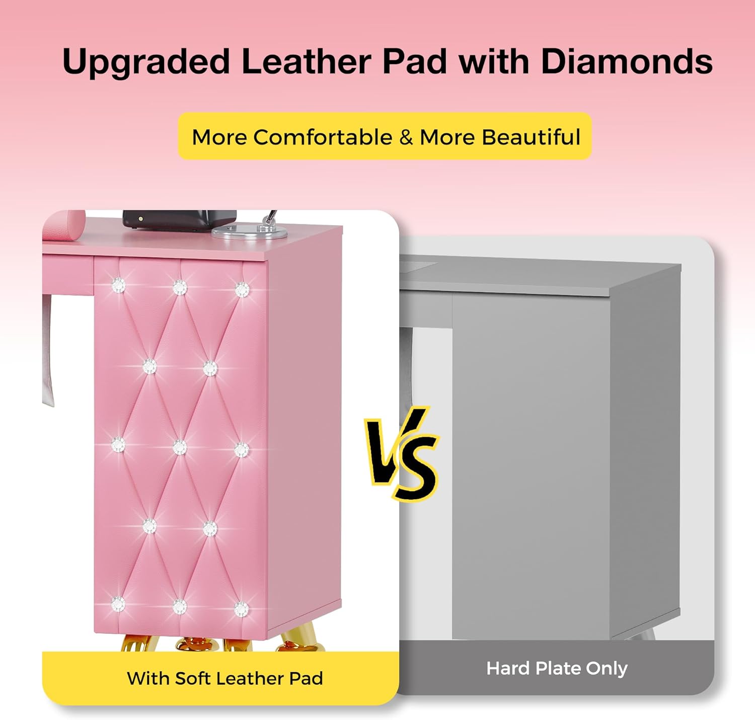 Manicure Table, Nail Desk w/Dust Collector & Wrist Rest, Nail Salon Station Acetone Resistant Workstation w/Drawers, Cabinet, Pink Leather Pad with Diamonds