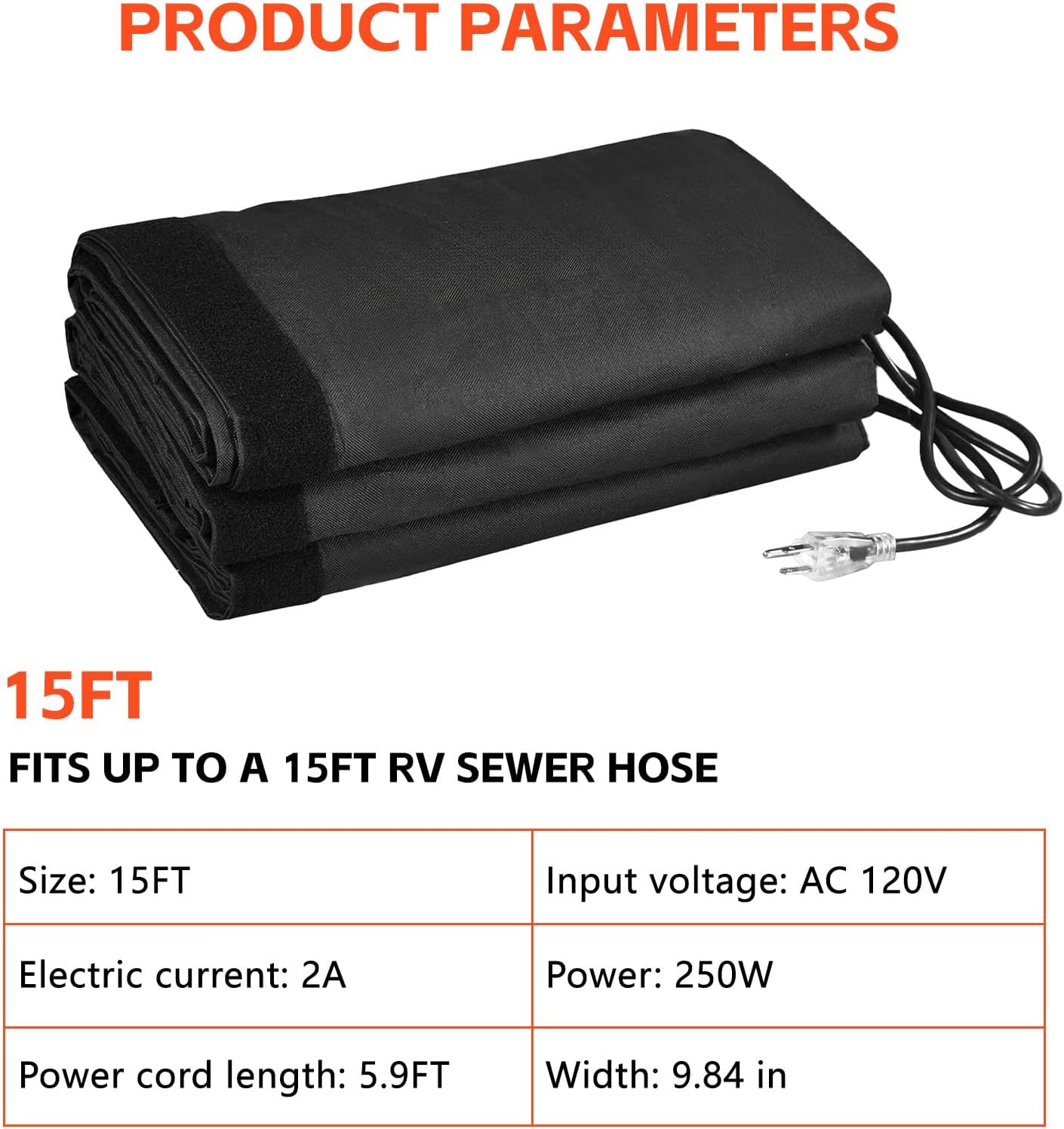 15FT Heated RV Sewer Hose Sleeve, 1.9M Grounded Power Cord, IPX6 Waterproof, with Auto Thermostat & Overheat Protection, RV Winter Accessories for RV Camper