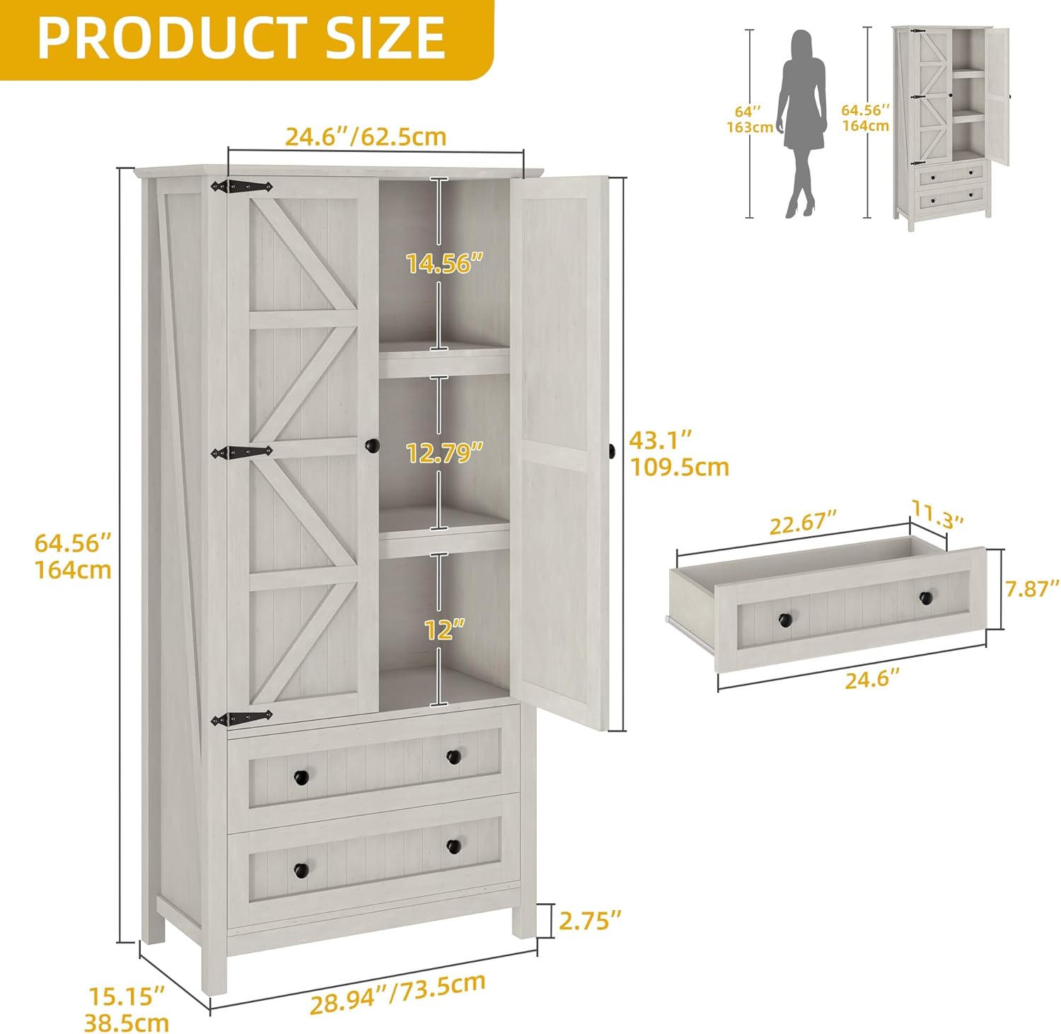 DWVO 64.5" H Kitchen Pantry Cabinet, Storage Cabinet with Barn Doors, 2 Drawers and Adjustable Shelves, Farmhouse Cupboard for Dining Room, Living Room, Bathroom, Off White