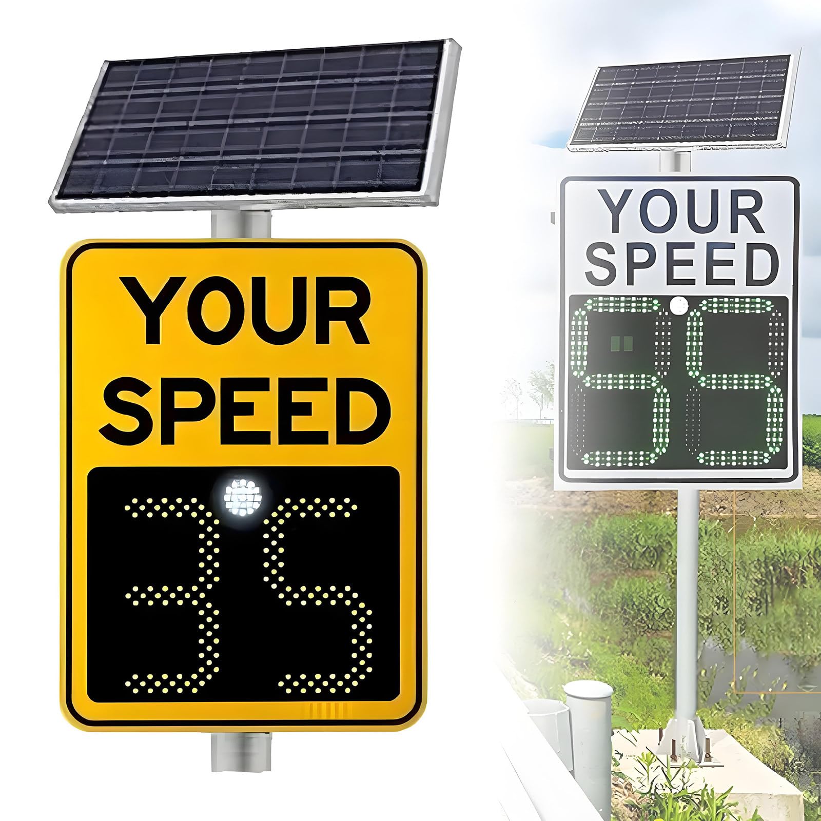 Señal de límite de velocidad de radar alimentada por energía solar, 24 x 35 pulgadas, con pantalla LED de retroalimentación de tráfico y accesorios para advertencia de velocidad y monitoreo, color