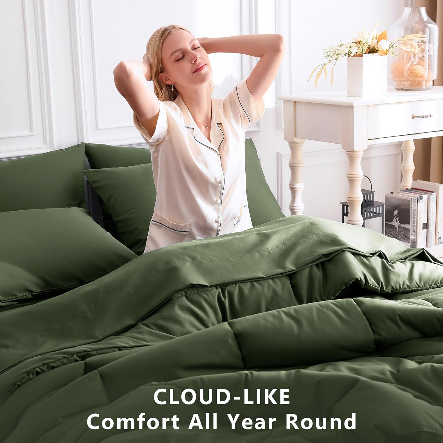 CozyLux King Size Comforter Set Olive Green, 7 Pieces Bed in a Bag, Green Comforter King Size, All Season Bedding Sets with Stitch Quilted Comforter, Flat Sheet, Fitted Sheet, Pillowcases - Image 4