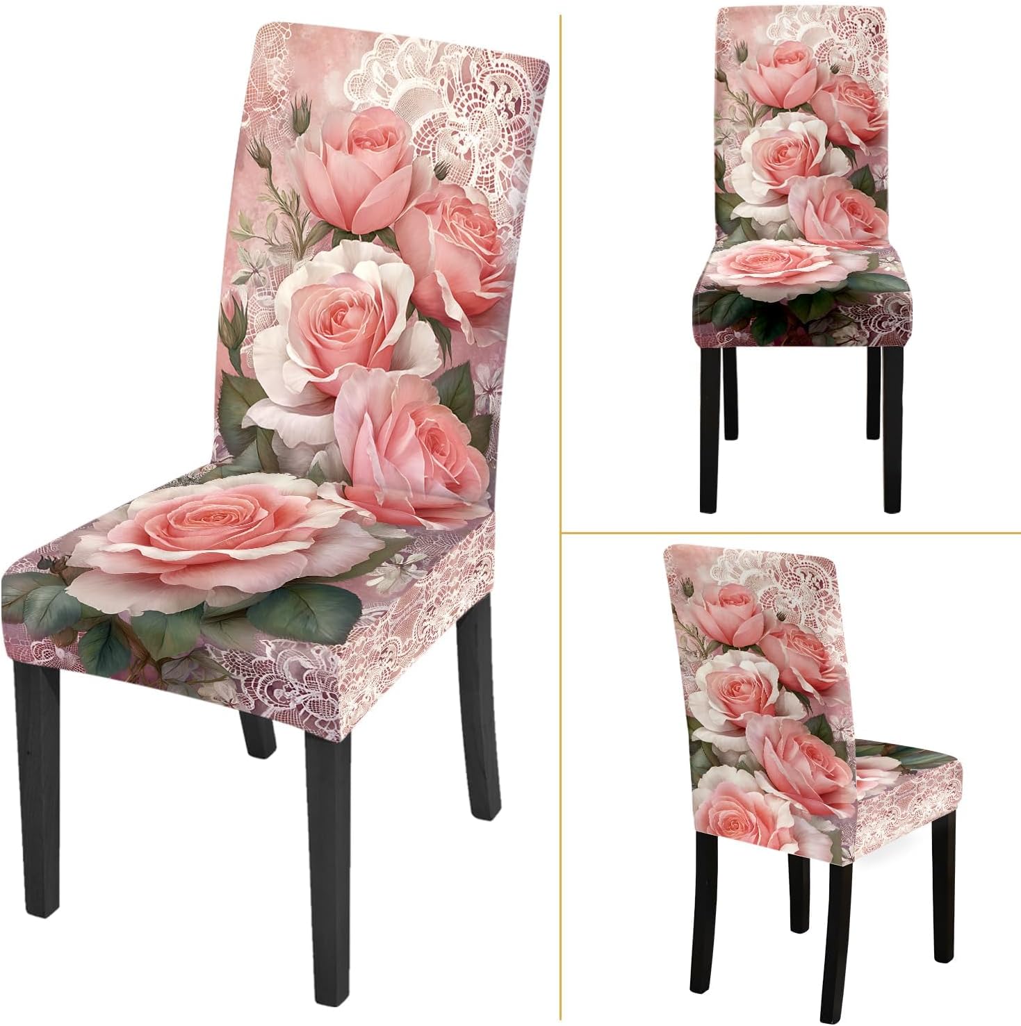 Dining Chair Covers Set of 6, Stretch Spandex Parsons Chair Slipcovers, Pink Rose Floral Lace Pattern, Removable Washable Dining Room Kitchen Chair Protectors