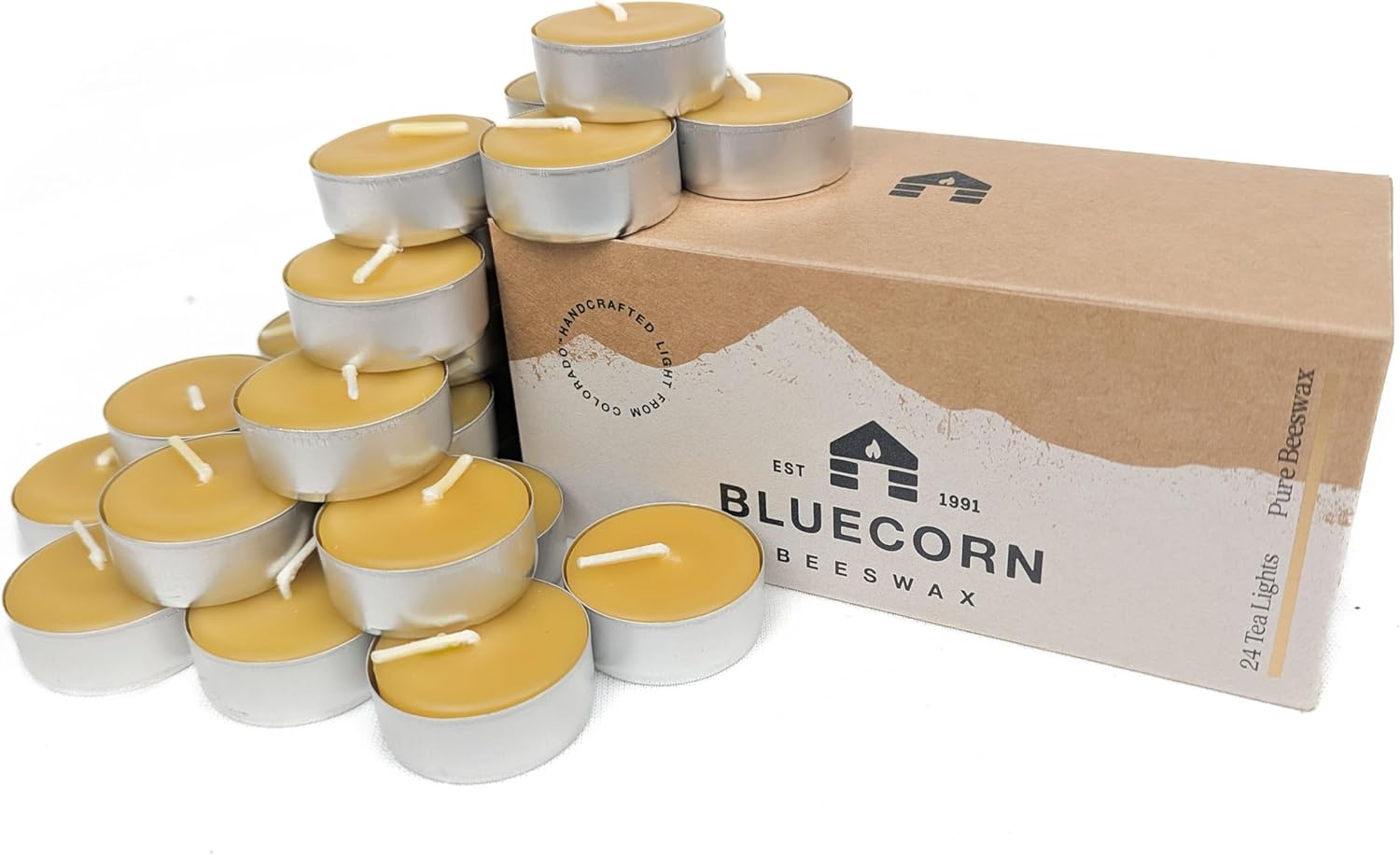 Bluecorn Beeswax Tea Light Candles, 100% Pure Natural Bees Wax, Yellow Tea Lights in Metal Cups, Fragrance Free, Paraffin & Soy Free Candle Wax, Clean Burning, Long Lasting, American Made, 24 Pack