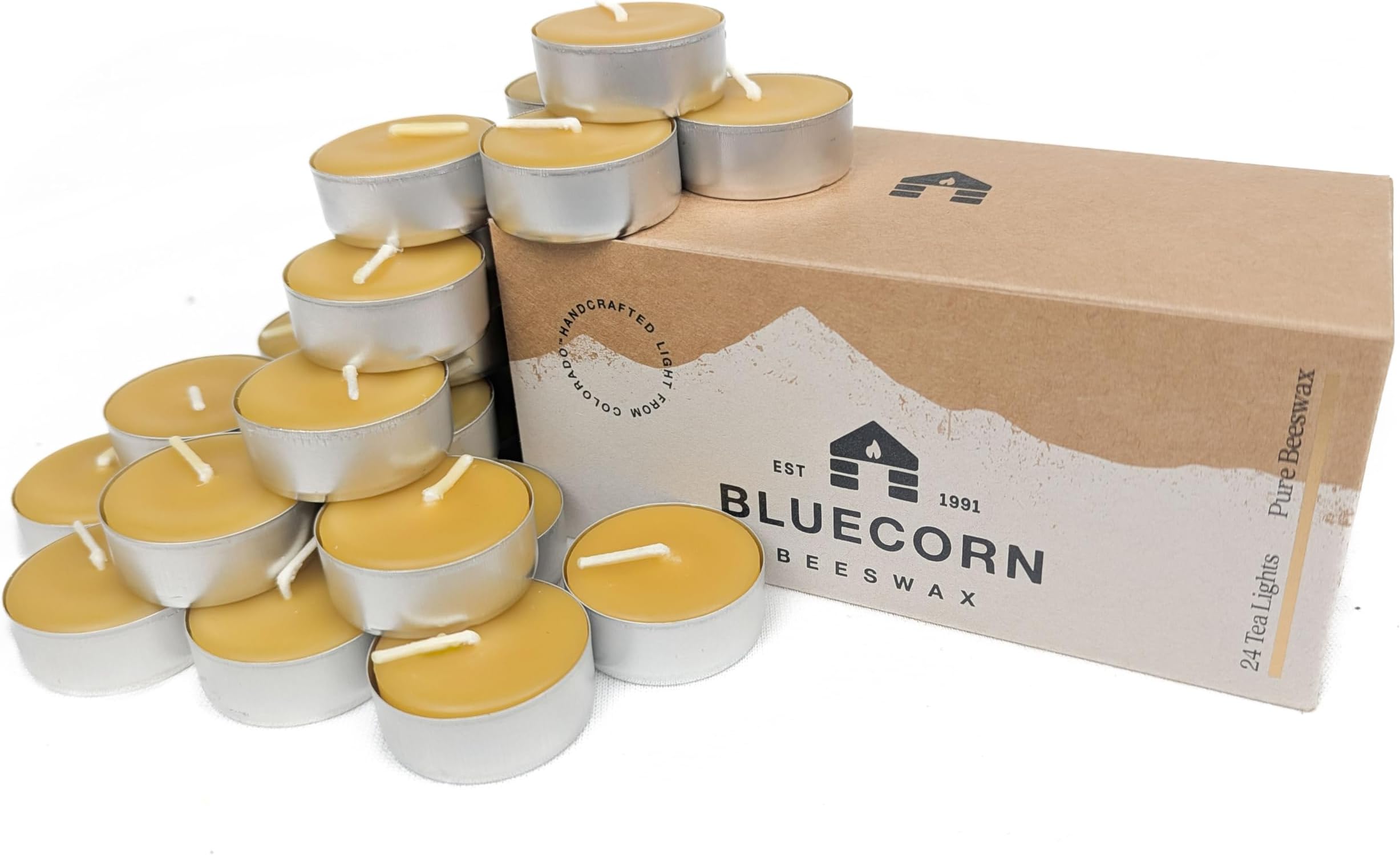 Bluecorn Beeswax 100% Pure Beeswax Tea Lights - Metal Cups (Raw, 24-Pack)