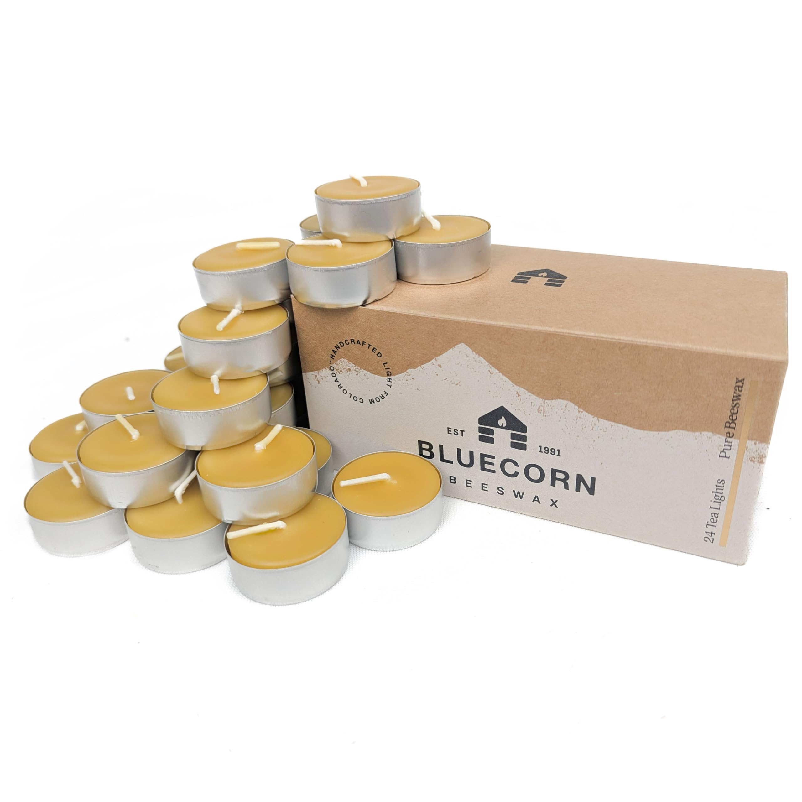 Bluecorn Beeswax Tea Light Candles, 100% Pure Natural Bees Wax, Yellow Tea Lights in Metal Cups, Fragrance Free, Clean Burning, Long Lasting Candle Wax, Christmas Decor, American Made, 24 Pack