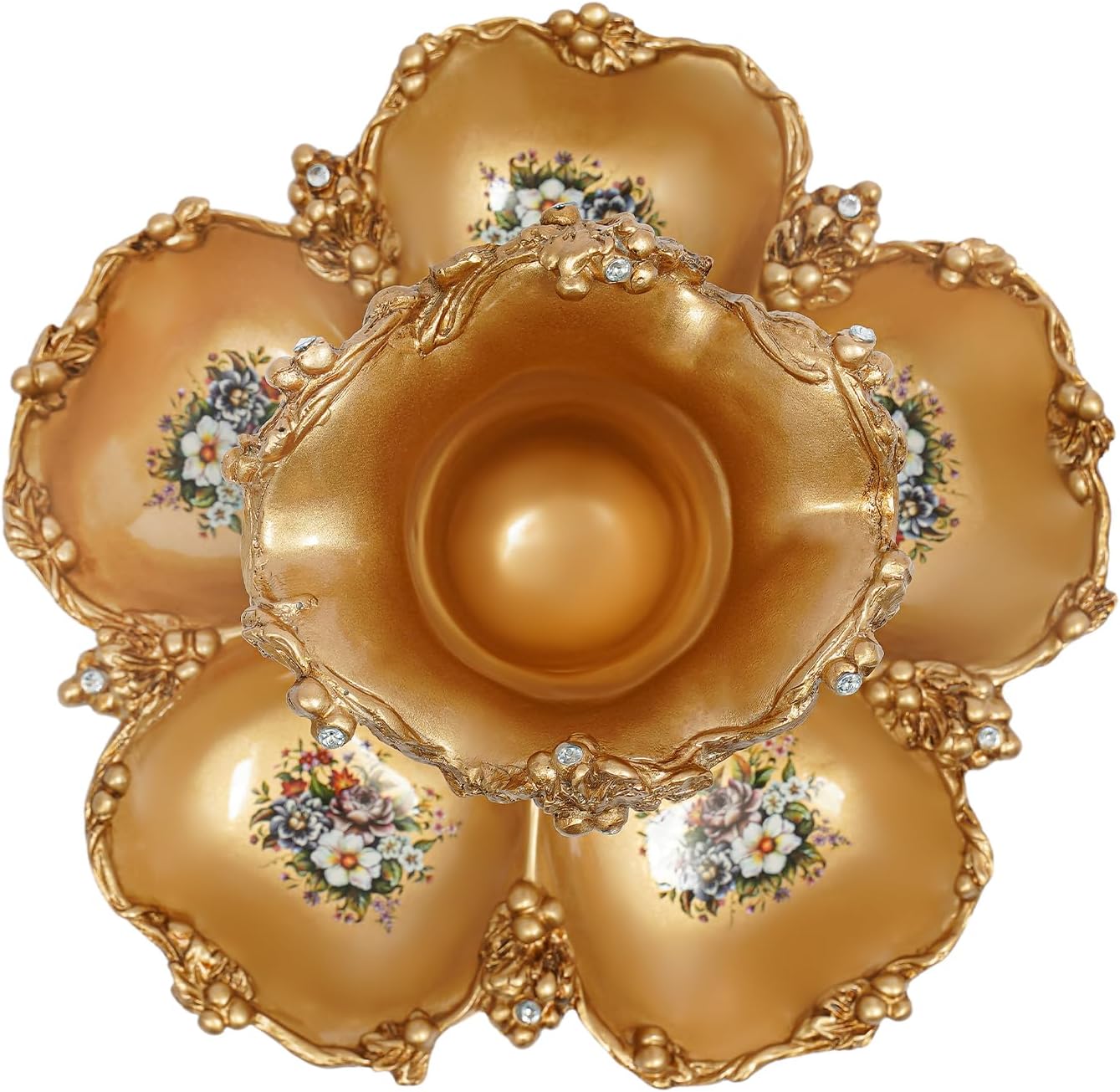 European-Style Centerpiece Flower Vase Fruit Bowl, Gold Resin Fruit Basket Plate with Vase, Snack Desserts Storage Tray Decor for Home Office Decoration (5 Compartments)