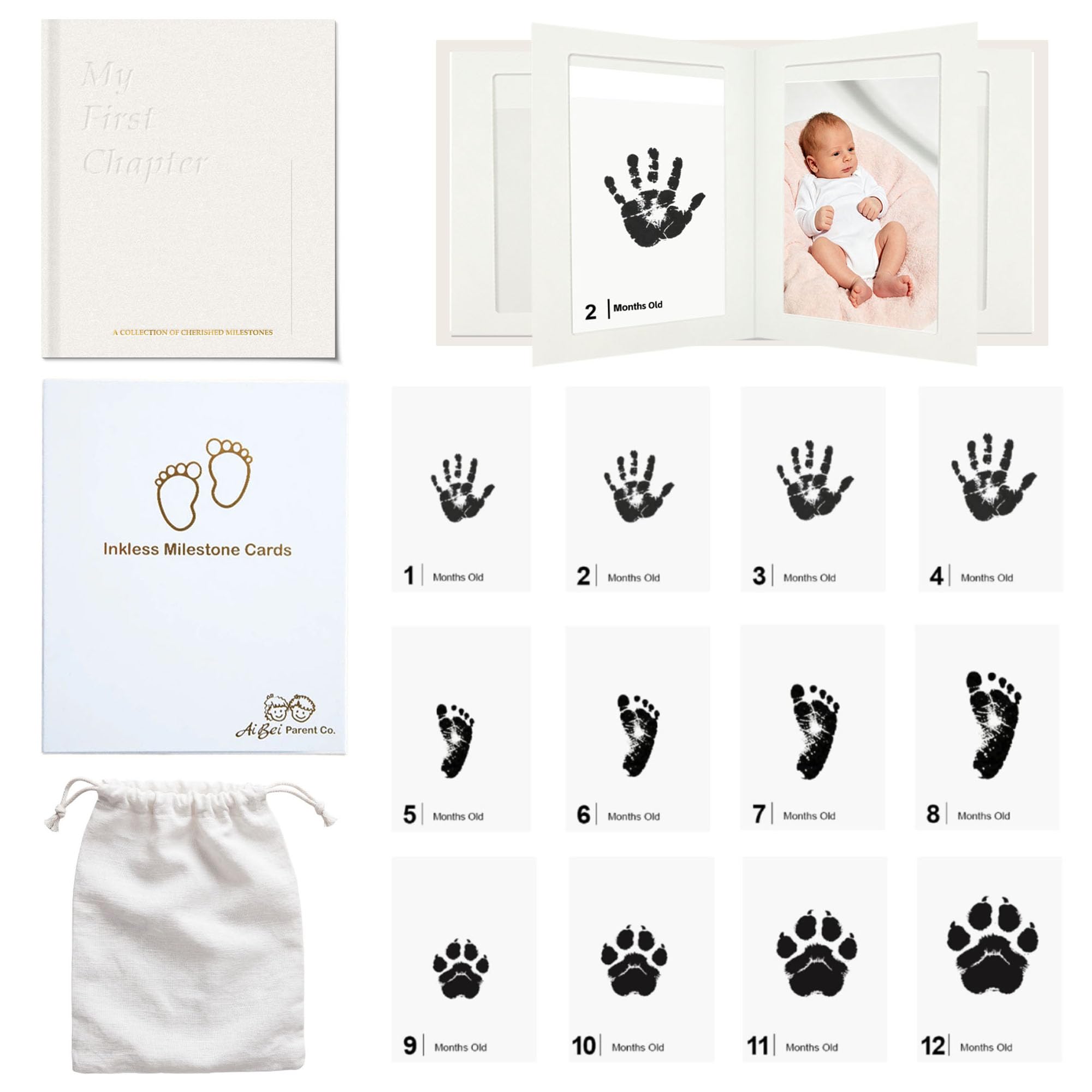 Libro dei ricordi per neonato, set da 15 pezzi con album, carte miliari e album senza inchiostro, libro mensile dell'impronta del bambino, libro mensile per l'impronta del bambino