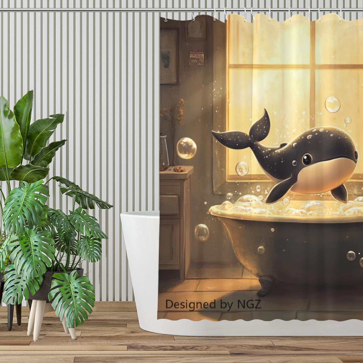 NGZ Cute Whale-Bubble Animal Lovers Shower Curtain Durable Waterproof Fabric Bathtub Sets Home Fabric Bathroom Shower Curtain Set with Hooks 72x72 Inch