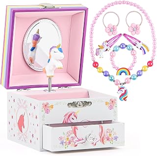 Girl's Musical Jewelry Storage Box with Spinning Unicorn & Pullout Drawer, Kids Musical Jewelry Box with Jewelry Set, Glitter Stars and flower Design, Ideal Gift for Girls, The Unicorn Tune