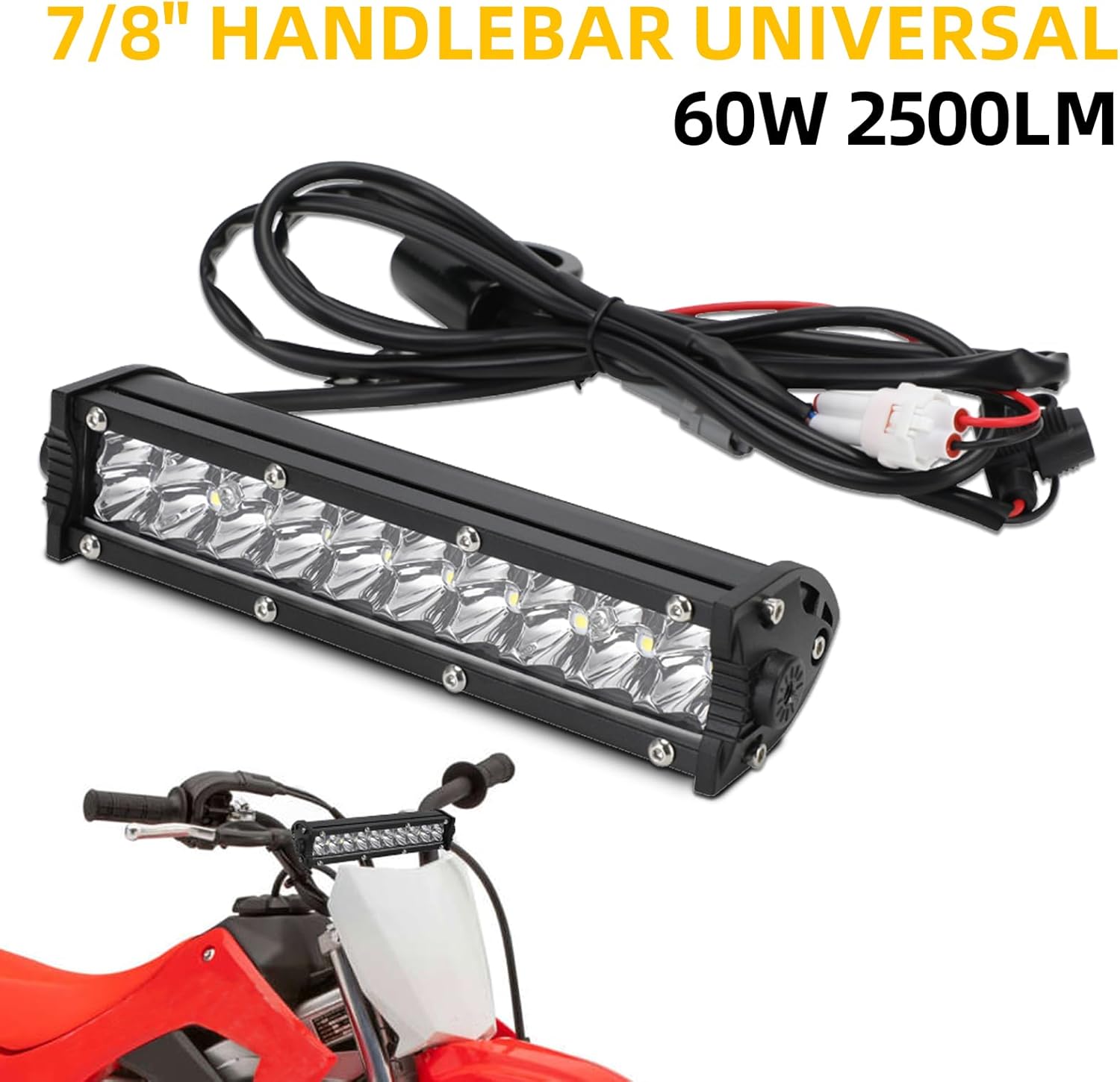 Motorcycle LED Light Bar Waterproof Plug-Play 60W 2500Lm Driving Light Kit 7/8" Handlebar Universal for CRF XR RM KX KLX TTR PW SSR Apollo TAO TAO SDG Dirt Pit Bike