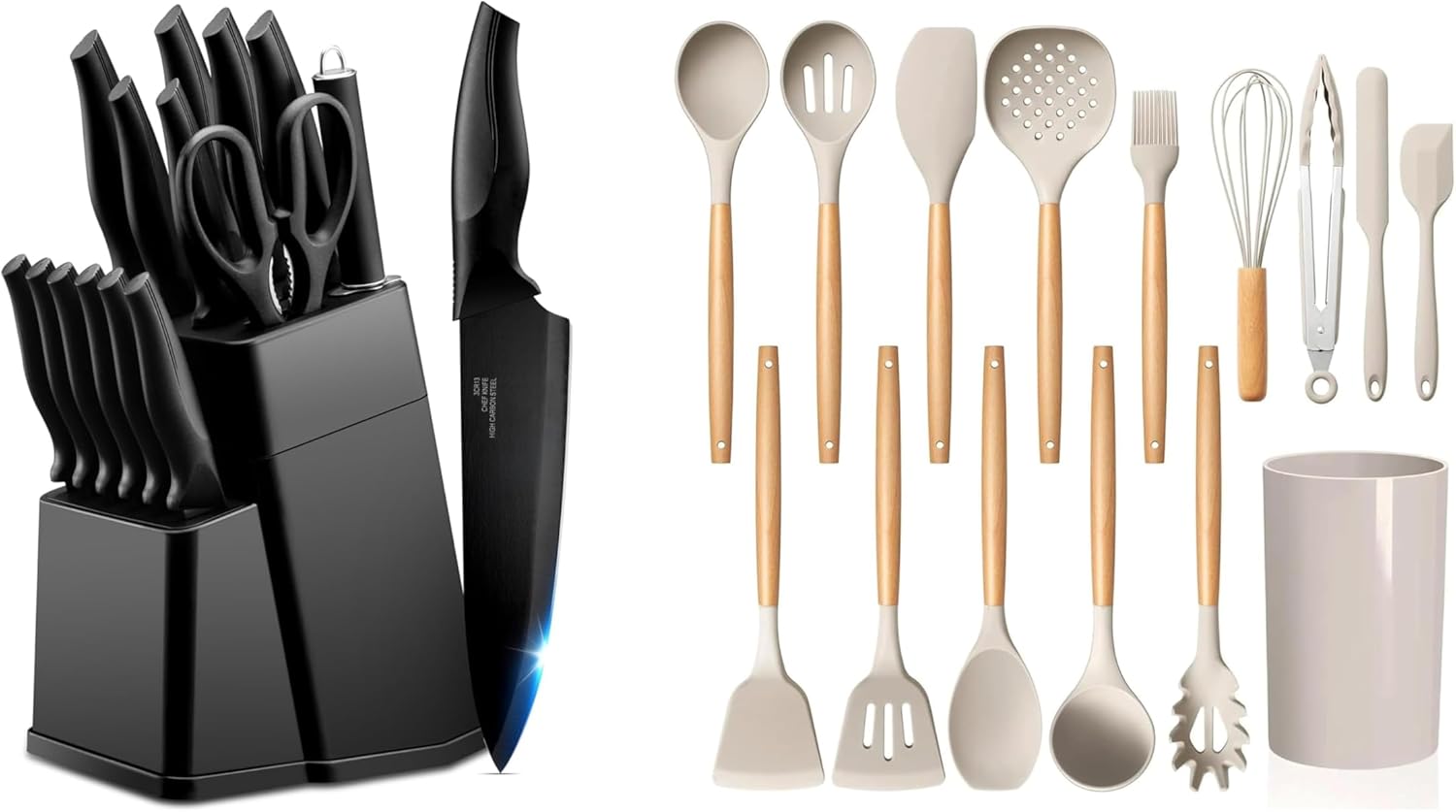 LIANYU Kitchen Knife Set with Block and 15-Piece Kitchen Cooking Utensils Set with Holder, 15 Pieces Knife Block Set with Sharpener and Silicone Kitchen Tools Include Spatula Tong Slotted Spoon Turner