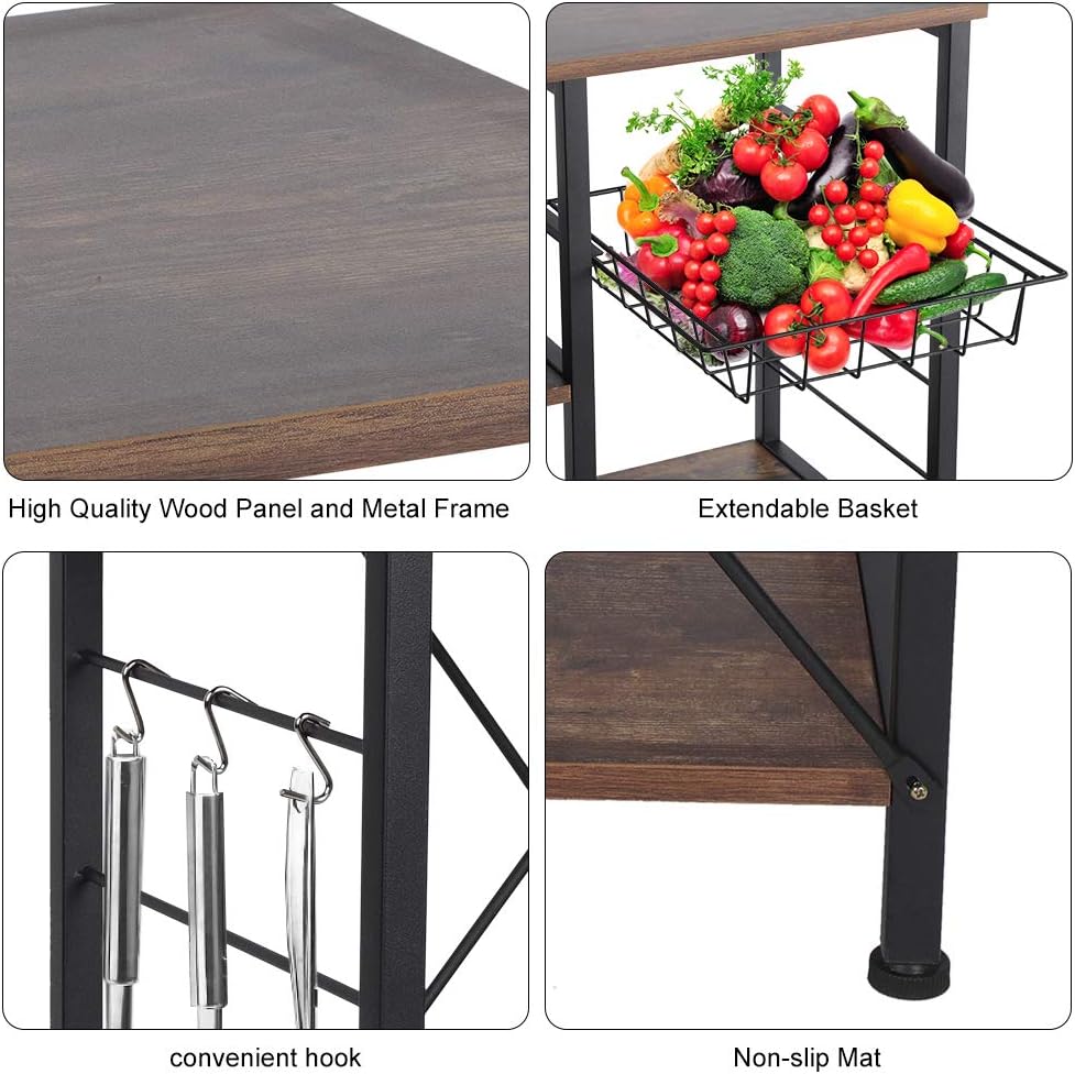 Ejoyous Kitchen Baker's Rack 3-Tier Utility Storage Shelf Industrial Microwave Stand Spice Rack Multipurpose Organizer Workstation Shelf with Wire Basket, 35.4x11.8x33.5 inch