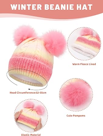 Winter Beanie Hat Scarf Set for Kids Boys Girls Double Pom Pom Hat with Knitted Scarf 2 in 1 Warm Set 3-10 Years