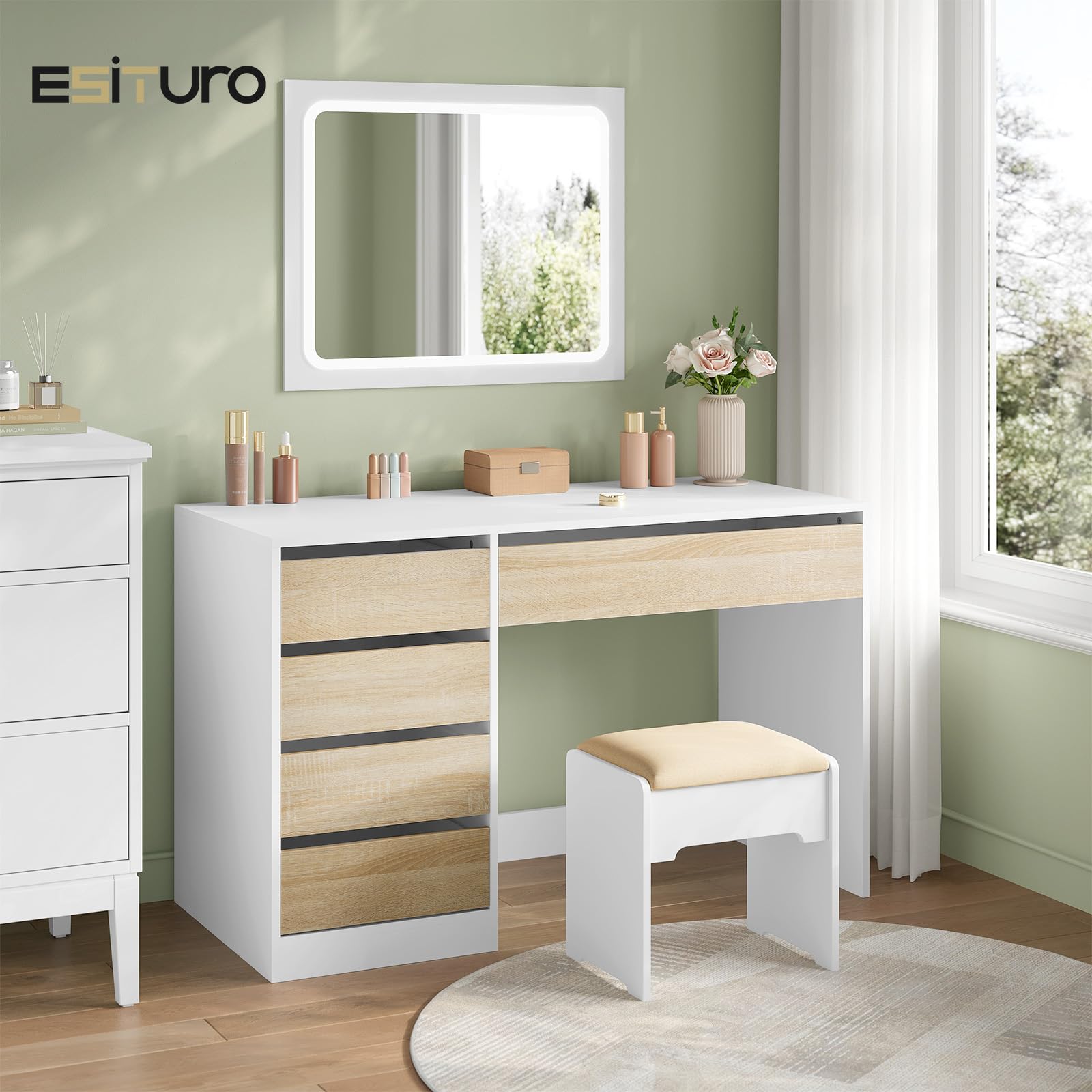 eSituro Escritorio con 5 Cajones, MDF, 120x55x75 cm, Blanco-Beige | Resistente al Agua, Cajones de Apertura Suave, para Dormitorio y Estudio