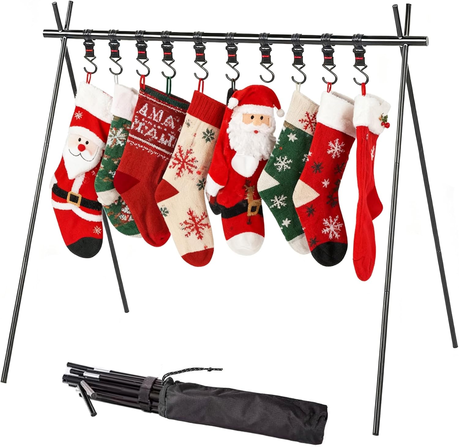 Christmas Stocking Holder Stand with 10 Hooks, Foldable FreeStanding Stocking Hangers Rack for Floor, Home, Living Room Holiday Decor - Quick Assembly Aluminium Matte Black