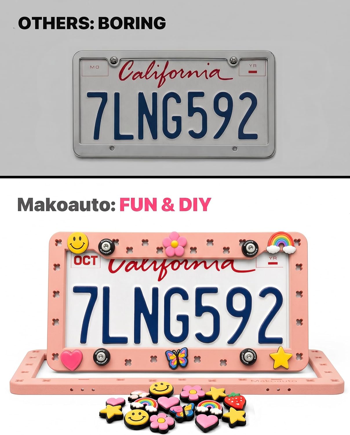 Pink Cute License Plate Frames for Women - DIY Customizable Girly Car Tag Holder, Pop in Shoe Charms to Show Your Style, Personalized Car Accessories, Rattle-Proof TPU, Anti-Theft Screws Included