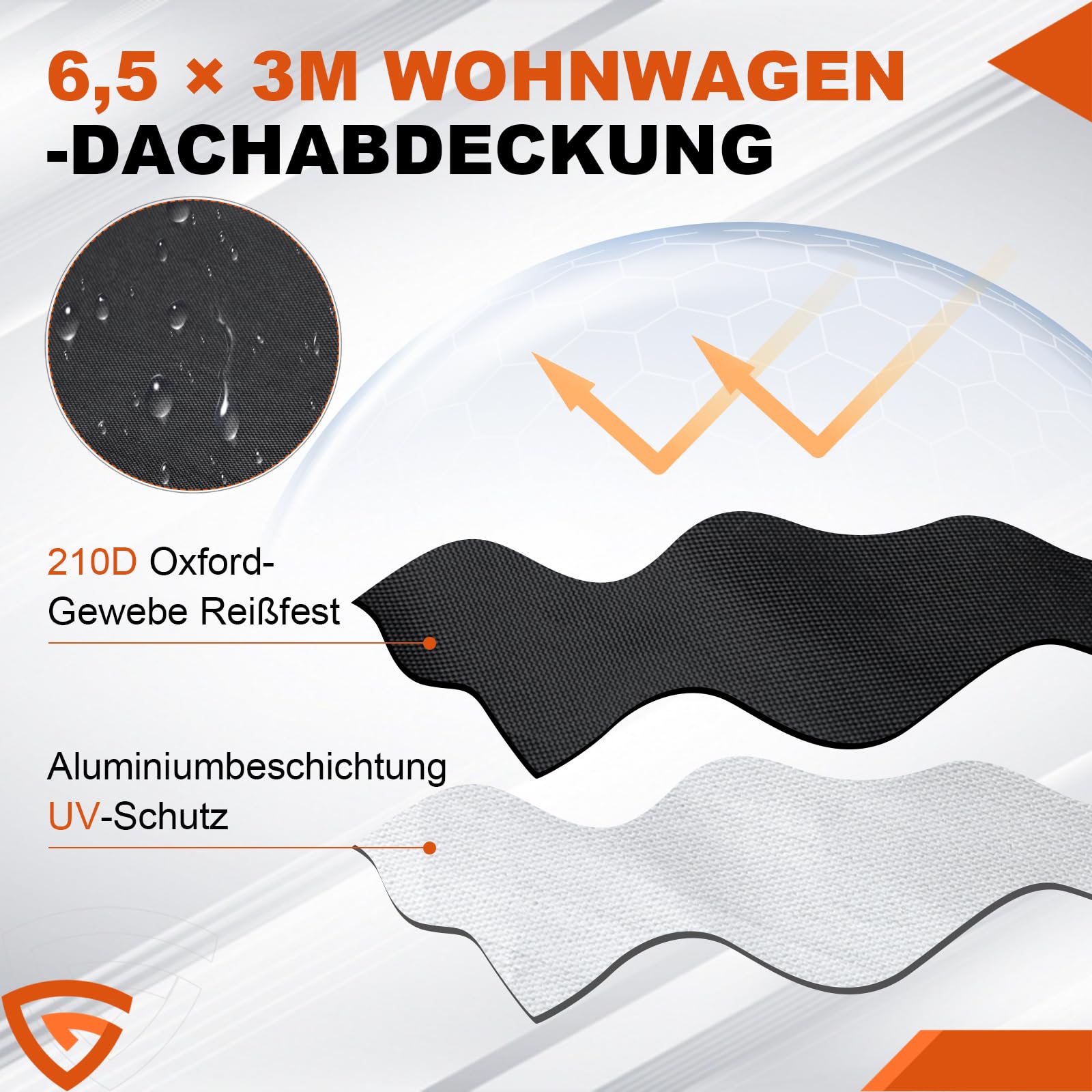 GEARMONSTER 6,5x3m Wohnwagen Abdeckung 210D Oxford Wasserdicht, Schwarz | Schutzhülle, UV Schutz, Regenschutz, Staubschutz, Dachabdeckung, atmungsaktiv, Wohnwagen, langlebiges Oxford Gewebe