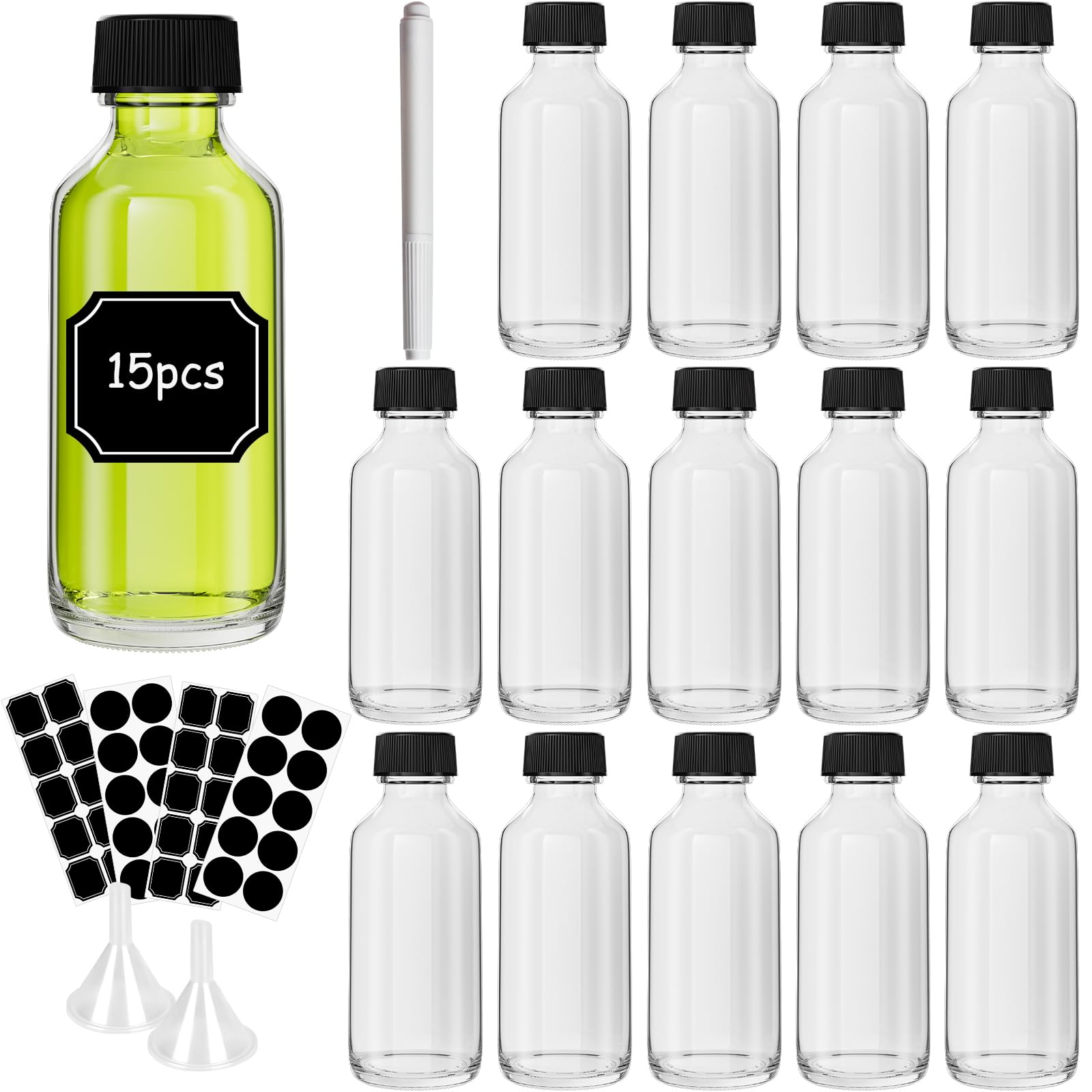 Yishik 2 oz Clear Glass Shot Bottles with Funnel,15 Pack Dispensing Wine Bottles,60ml Glass Bottles Juice Shots with Airtight Caps for Party,Wedding Favours or Drinks Storage