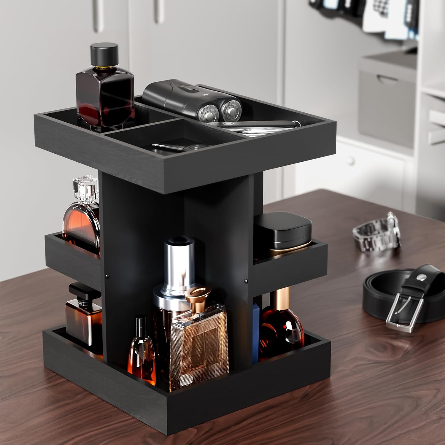 Cologne Organizer for Men, 3-Tier Large Capacity Wood 360° Rotating Cologne Stand, Desk/Nightstand/Bathroom Counter Perfume Storage, Birthday/Father's Day Gifts for Men(Black)