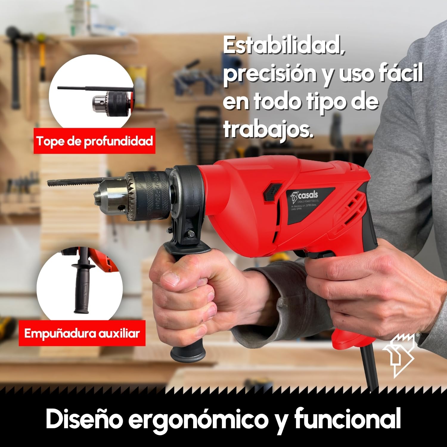 Casals - Taladro Atornillador Percutor 500W | 3000RPM | Portabrocas 13mm | Capacidad Máxima Perforación 10mm Acero / 24mm Madera / 13mm Hormigón | Revestimiento Ergonómico | 1.8m Cable