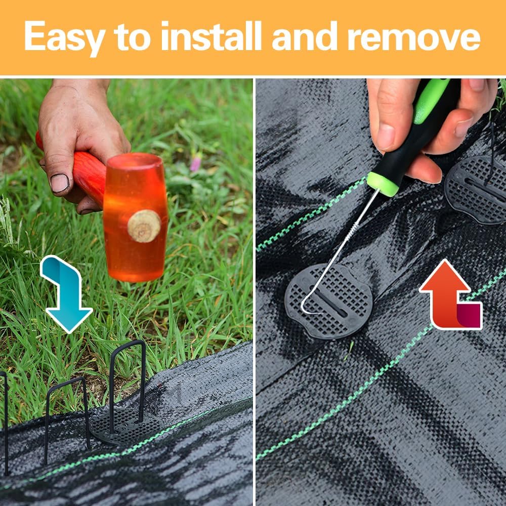 Bakulyor 150pcs Black Landscape Staples + 150pcs Buffer Washer, 6 Inch 11 Gauge Garden Stakes Staples, U Shaped Galvanized Lawn Pins Heavy Duty Yard Ground Pin for Weed Barrier Sod Fabric Decorations