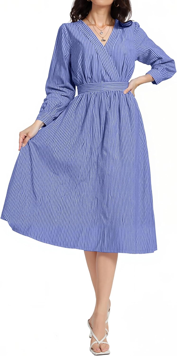 Women's Long Sleeve V Neck Maxi Dress Striped Casual Flowy A-line Mid Dress Elastic Waist Long Dresses with Pockets