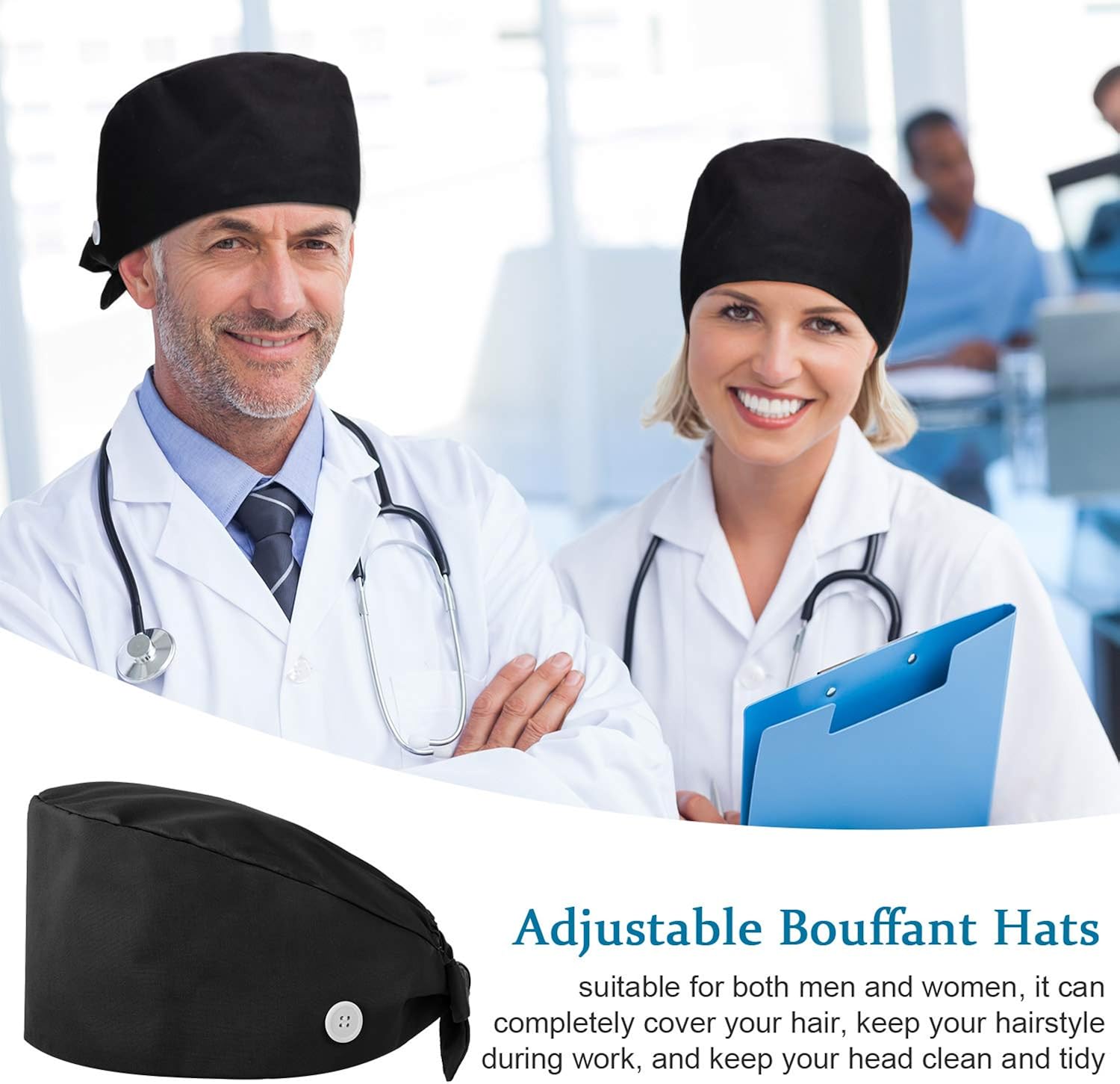 SATINIOR 4 Pieces Adjustable Bouffant Hats Button Sweatband Cap Tie Back Hats for Women Men