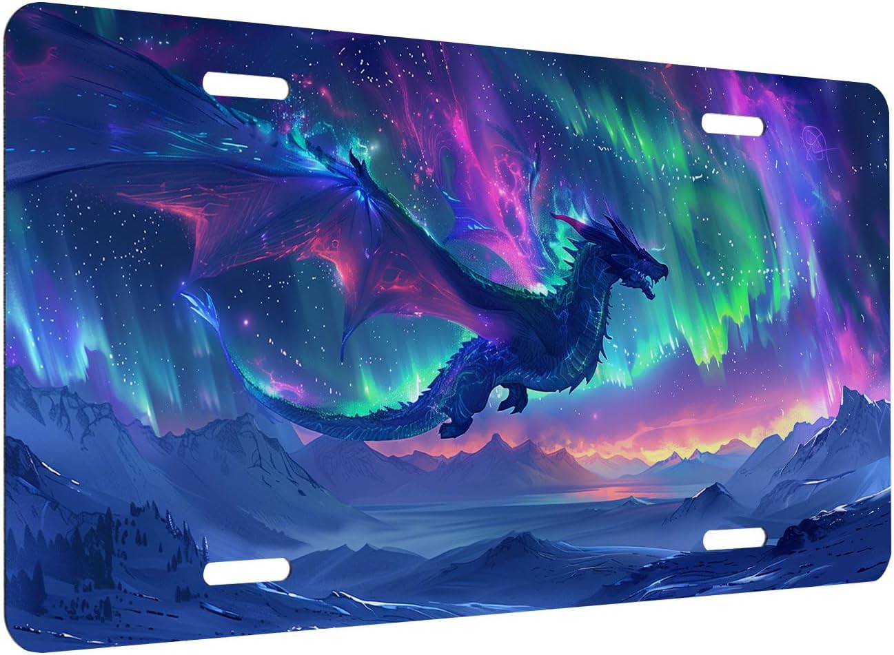Dragon Front License Plate for Women Aurora Borealis Cool Galaxy Blue and Purple Car Vanity Plates Decorative Aluminum Metal Cute Novelty License Plate for Men 6x12 Inch (4 Holes) image 2
