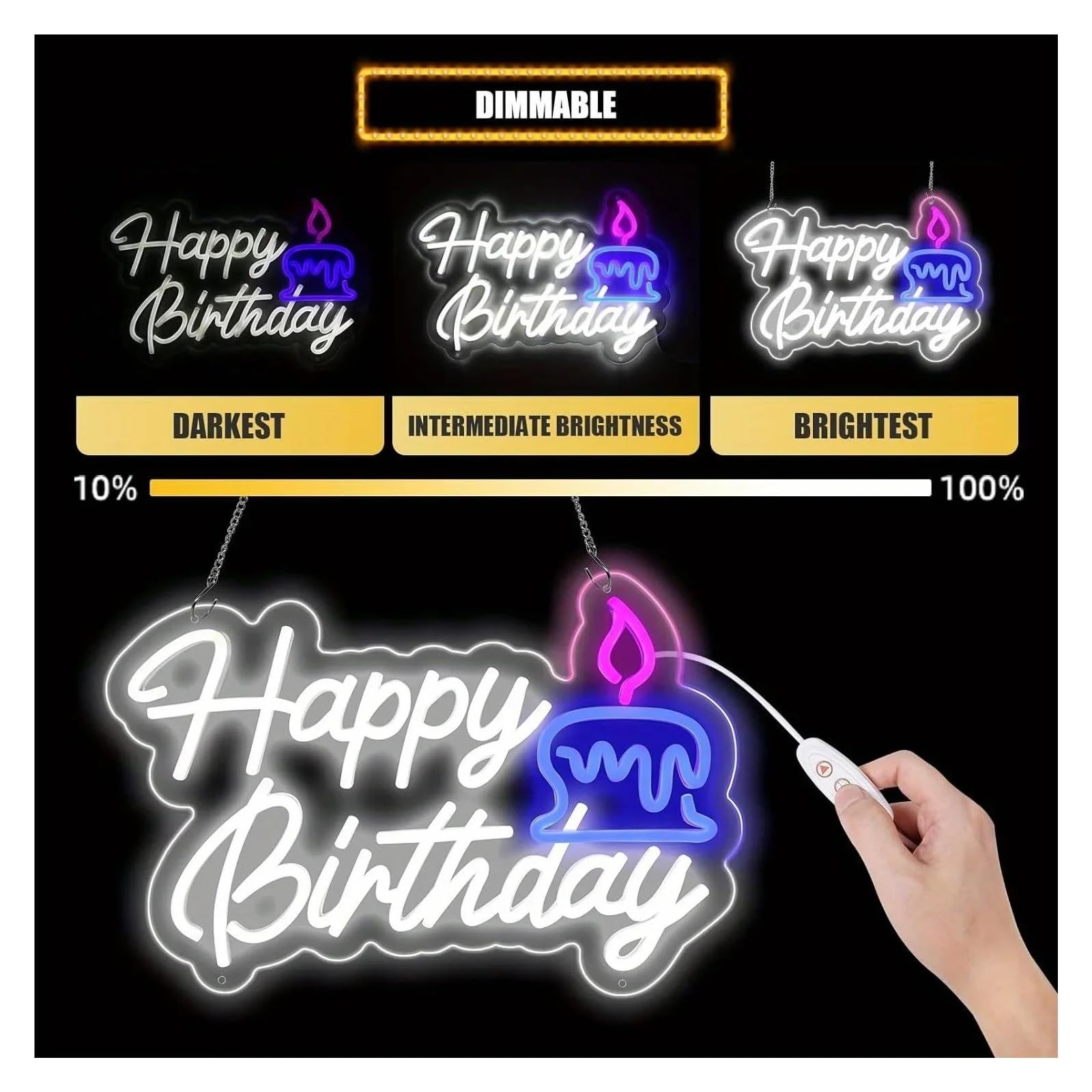 Luz de Diseño de Digital Letrero De Neón De Feliz Cumpleaños, Luces LED Regulables Alimentadas Por USB, Decoración De Pared, Para Fiesta, Pub, Hogar, Sala De Juegos, 24.5cmx37.5cm