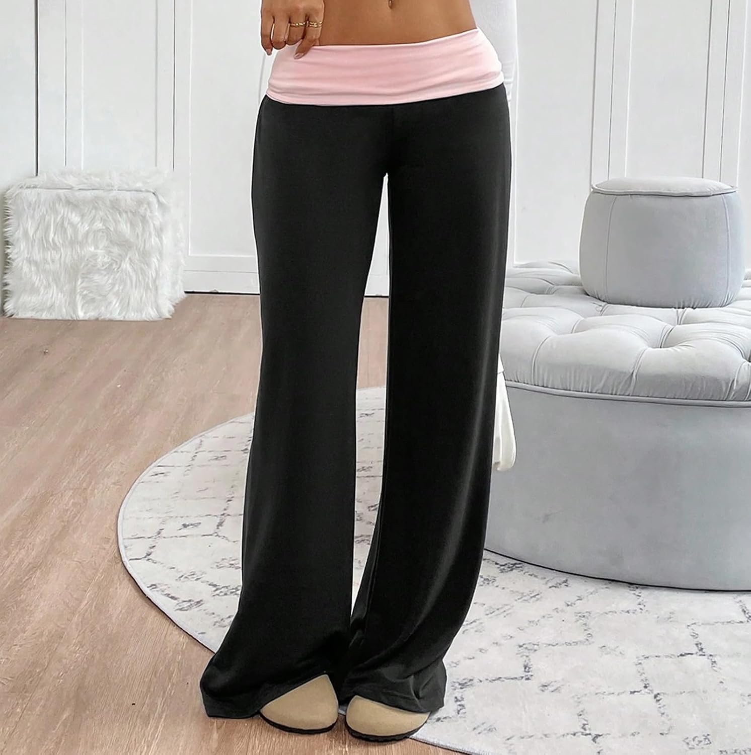 Fold Over Yoga Pants for Women Contrast Color Low Rise Wide Leg Sweatpants Y2k Foldover Lounge Bell Bottoms 2026