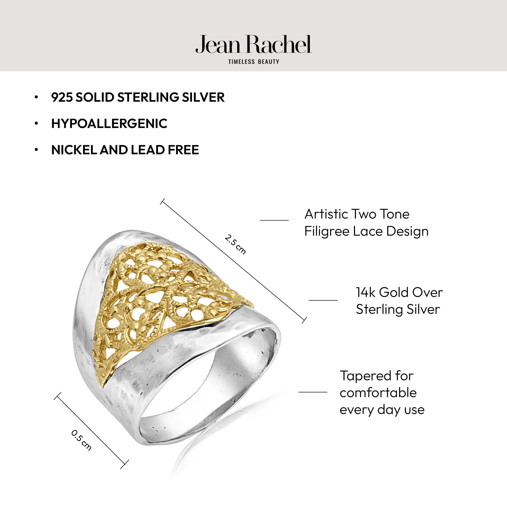 JEAN RACHEL JEWELRY Zweifarbiger Ring aus gemischtem Metall für Damen – 925er Sterlingsilber & 14 Karat Gold – Filigranes Statement – läuft nicht an, nickelfreie Passform