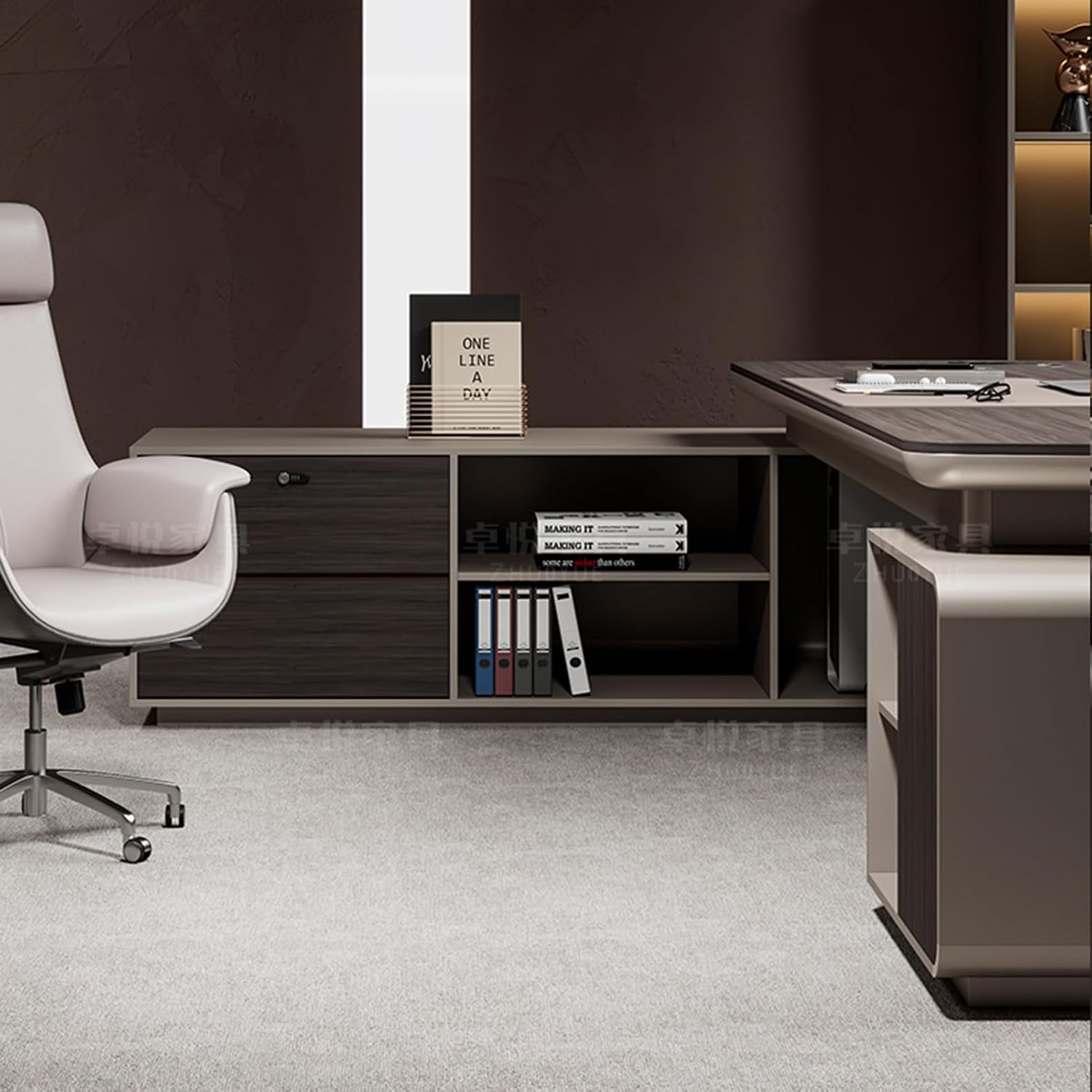 L-Shaped Executive Desk with Drawers, Modern Large Home Computer Desk with Thickened Tabletop and Multifunctional Wire Box Study Gaming Table Business Workstation Set for CEO, Boss image 4