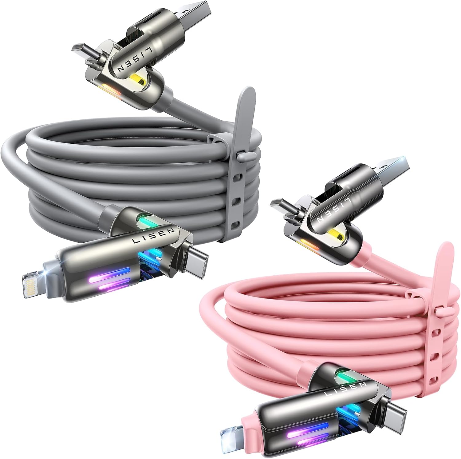LISEN 240W 4 in 1 Charging Cable [2 Pack, 6.6ft – Grey+Pink] Chubby USB A/C to C/Lightning with Light for iPhone Air 17 16 15 14 Pro/MacBook/iPad/Samsung/Switch 2, Multi Chargers for All Devices