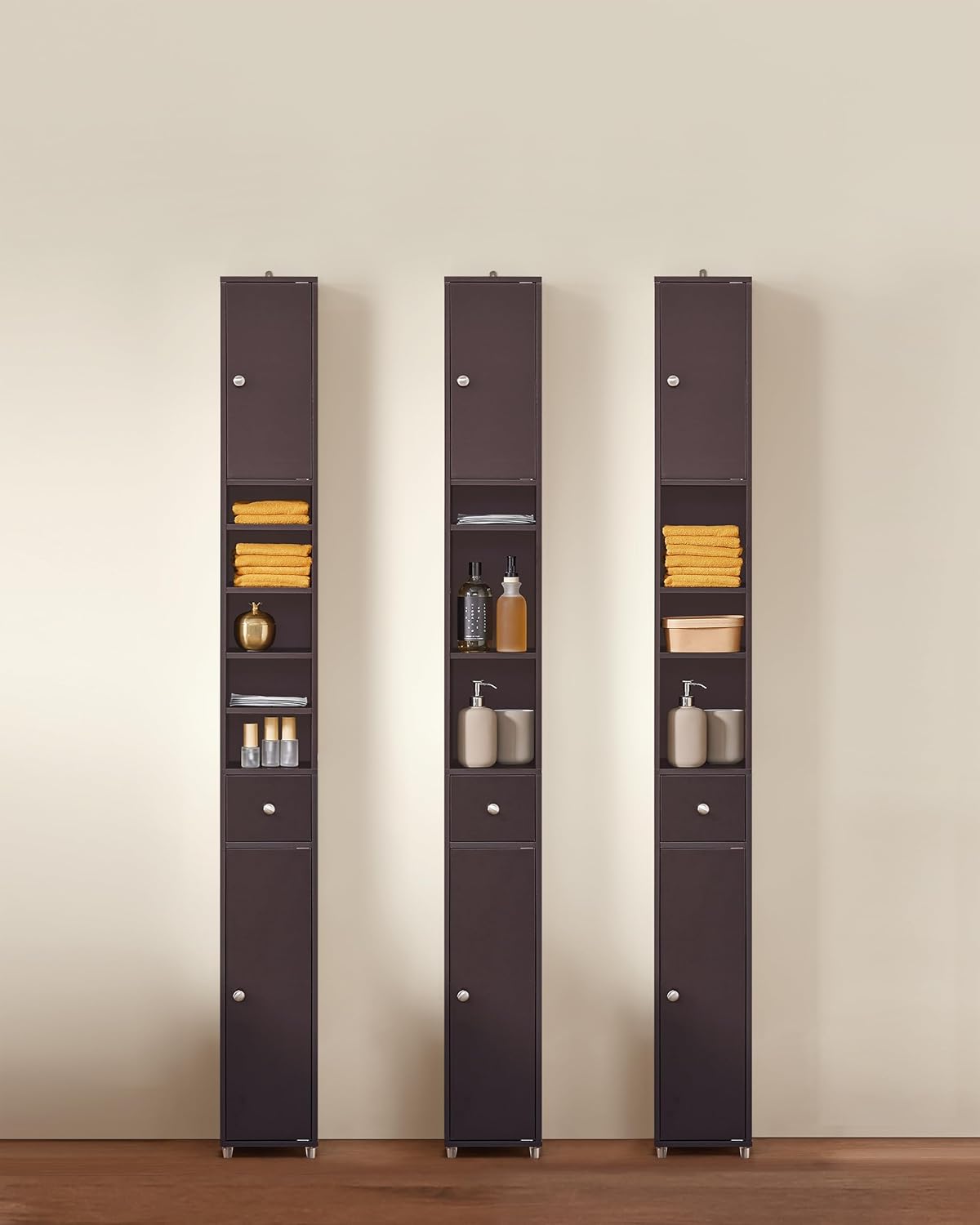 Haotian Bathroom Narrow Storage Cabinet, Skinny Tall Unit with Adjustable Shelves Slender Anti-Tipping Floor Standing Cupboard, Brown BZR34-BR