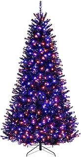 Goplus 8 FT Pre-Lit Black Christmas Tree, Artificial Hinged Halloween Tree with 500 Orange & Purple LED Lights, 6 Lighting Modes, Spooky Sounds, 1408 Branch Tips, Xmas Tree for Home Office Decoration