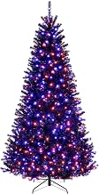 Goplus 8 FT Pre-Lit Black Christmas Tree, Artificial Hinged Halloween Tree with 500 Orange & Purple LED Lights, 6 Lighting Modes, Spooky Sounds, 1408 Branch Tips, Xmas Tree for Home Office Decoration
