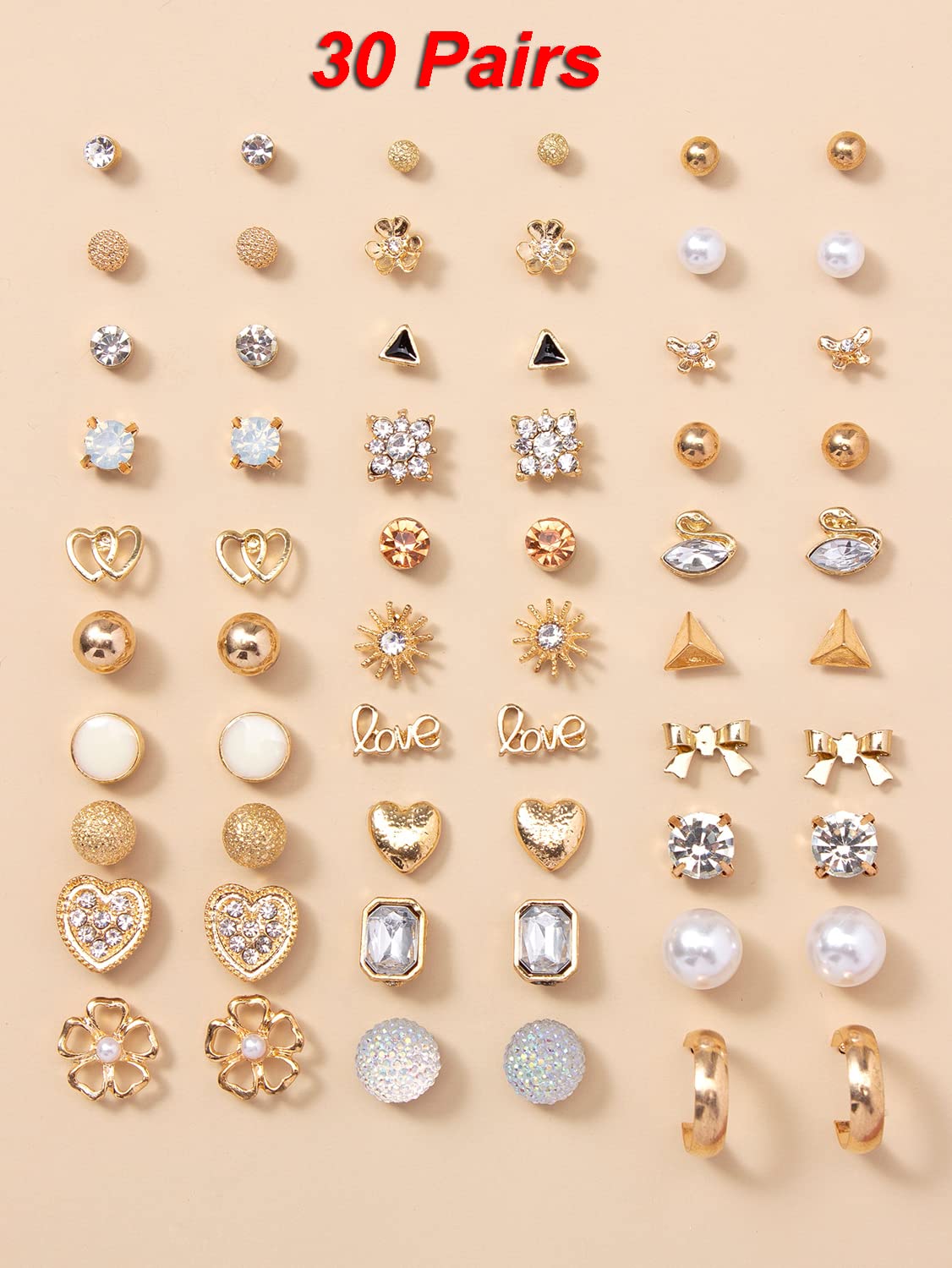 30 Pairs Crystal Pearl Earrings Combo Set for Women