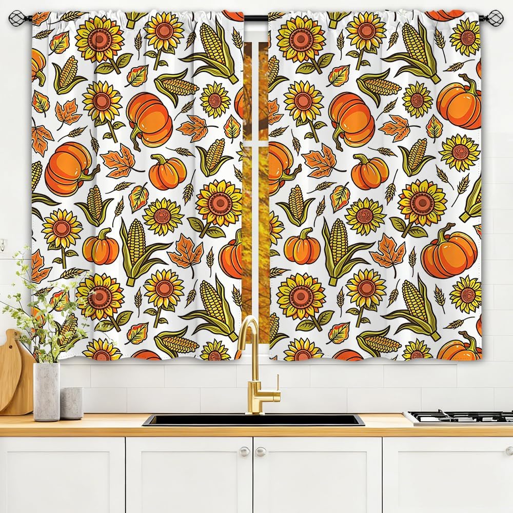 Fall Pumpkin Sunflower Maple Leaf Kitchen Curtain