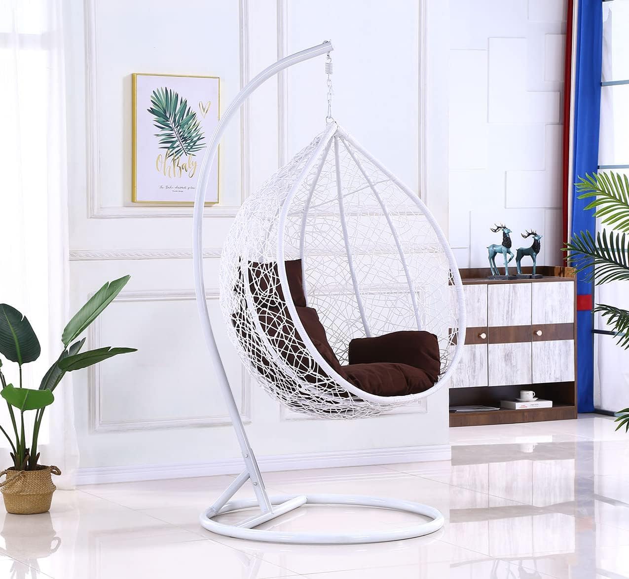 Karnak Indoor Outdoor Patio Wicker Hanging Chair Swing Egg Basket Chairs with Stand UV Resistant Cushions 120kg Capacity for Patio Backyard Balcony Random Color Cushions (WHITE - WITH ASSEMBLY)