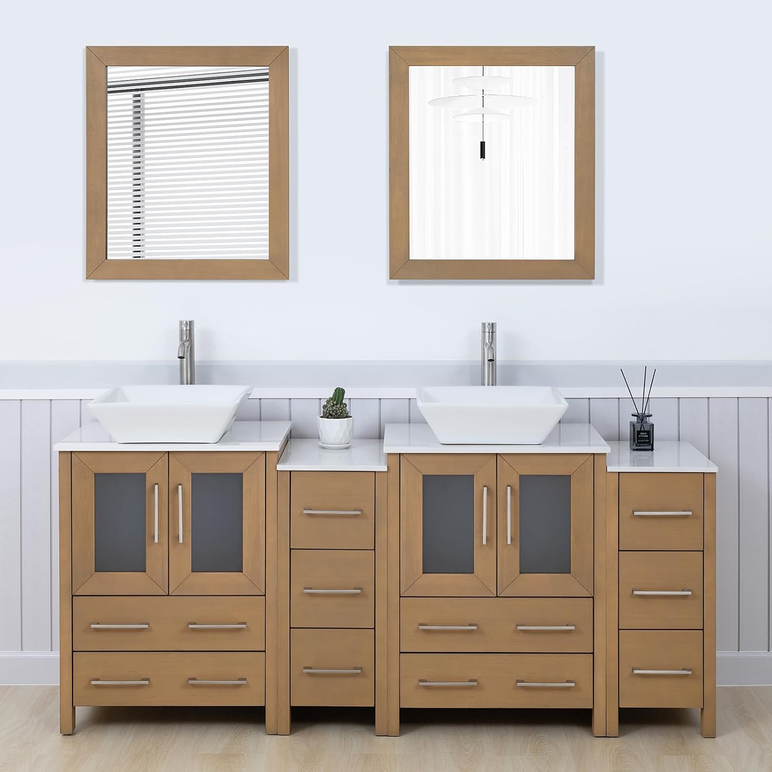 Vanity Art 72 Inch Vessel Double Sink Bathroom Vanity Cabinet with 2 Mirrors, Engineered Marble Top Bathroom Cabinet Compact Set with 10 Dovetail Drawers and Soft Closing Doors, VA3124-72-NO