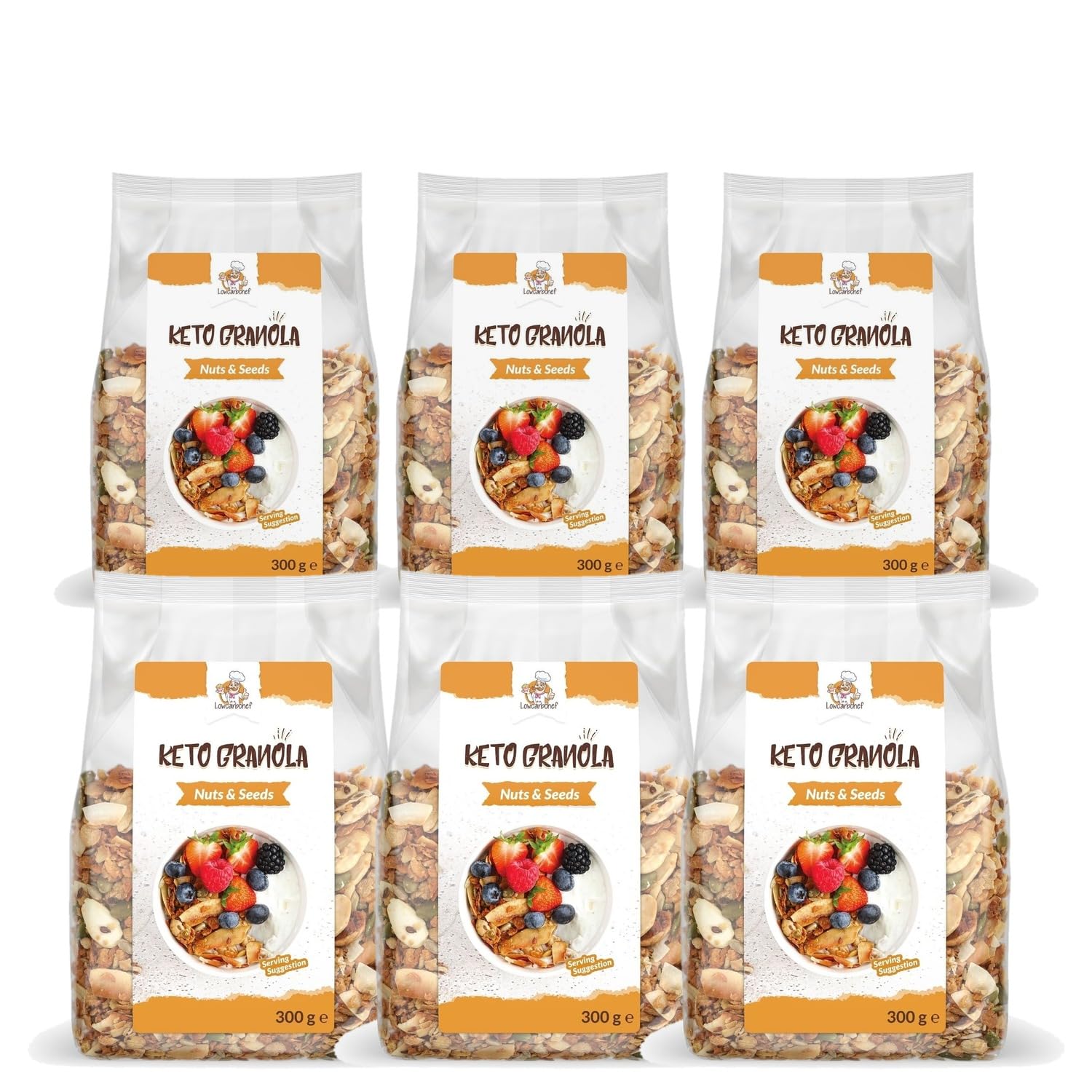 Lowcarbchef Keto Granola Nüsse & Saaten 6 x 300 g (1,8 kg) – Low Carb Müsli mit Pekannüssen, Mandeln, Kokos & Kürbiskernen – Knuspermüsli ohne Süßstoffe, ballaststoffreich, vegan