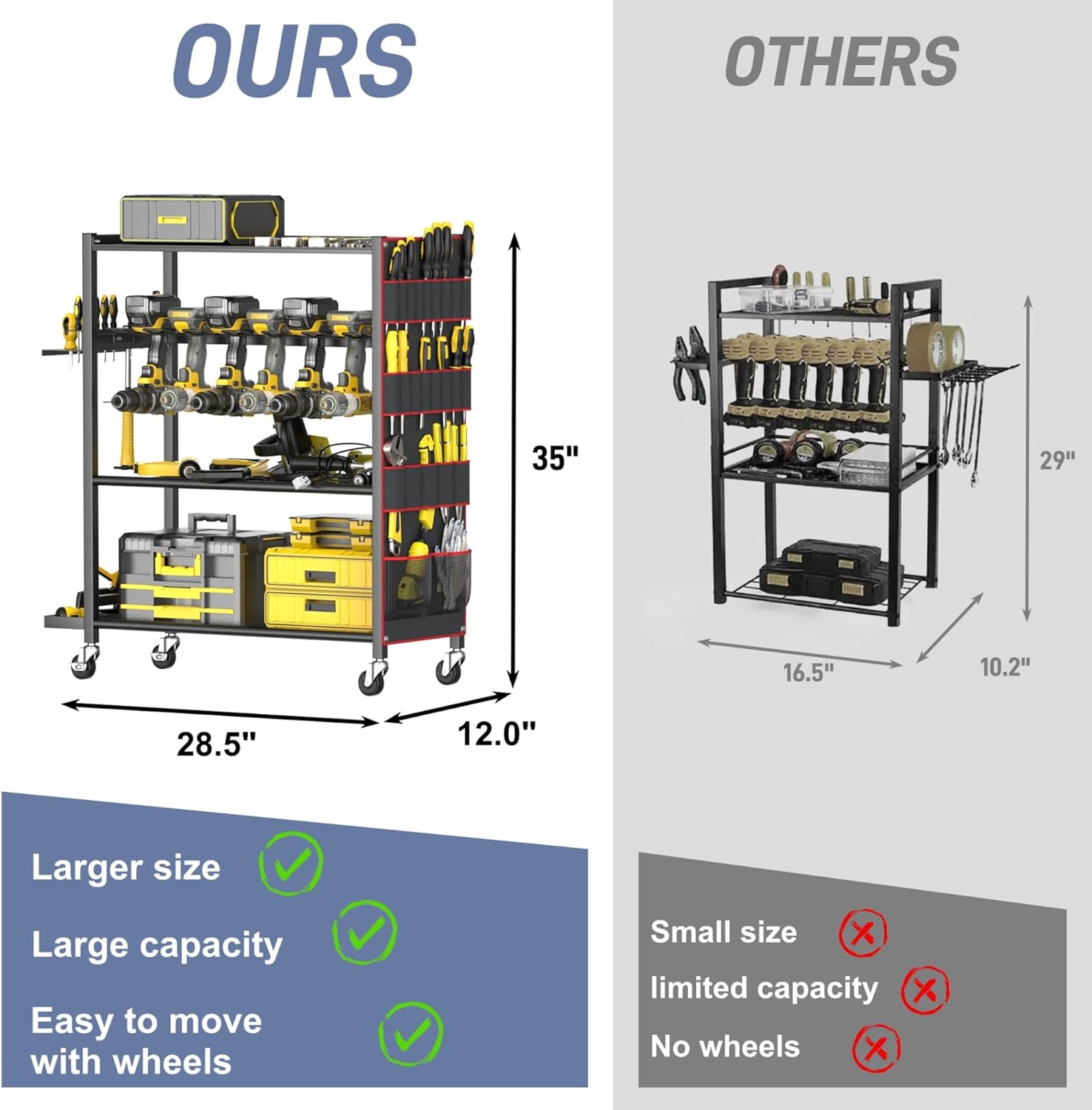 WALMANN 4-Tier Rolling Power Tool Storage Cart, Large Drill Organizer with Slots for 12 Drills, Floor Standing Cordless Tool Rack with Wheels for Garage & Workshop