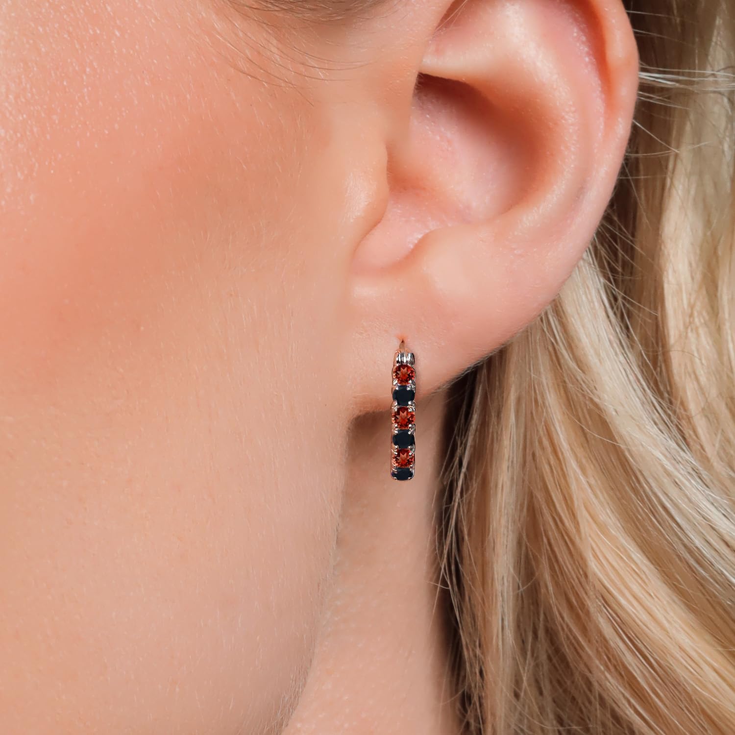 Gem Stone King 925 Sterling Silver Red Garnet and Black Onyx Hoop Earrings for Women | 1.50 Cttw | Gemstone January Birthstone | Round 3MM