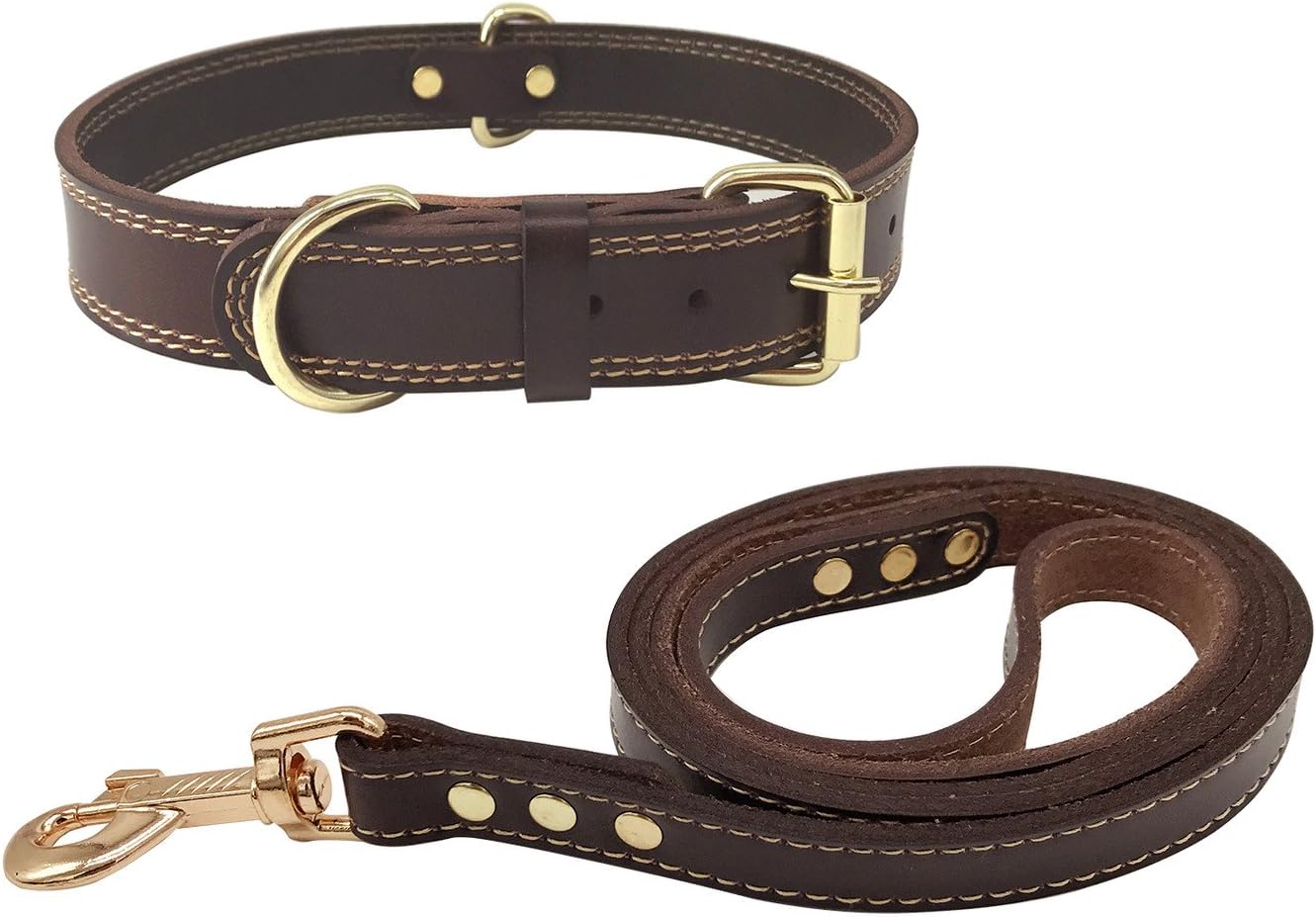 Shorven Soft Genuine Leather Dog Collar and Leash Set with Double D Rings Brown M