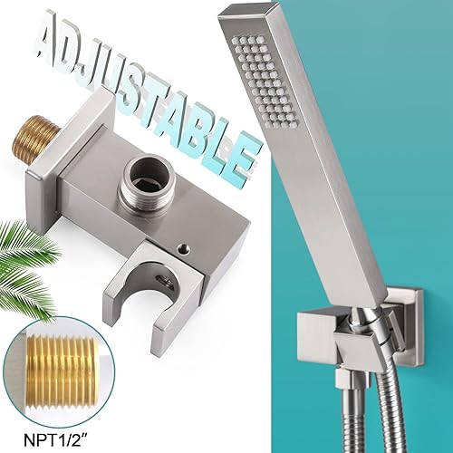 Miniatura 2 de Varita de ducha de mano de alta presión de latón macizo con conector de pared de codo de suministro ajustable, soporte de ducha y manguera, níquel