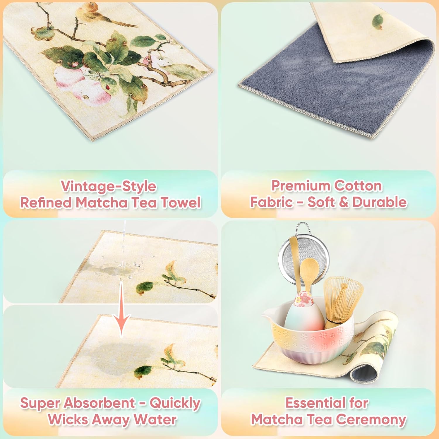 Matcha Whisk Set – 8 Pcs Matcha Set with Matcha Bowl, Sifter, Bamboo Whisk (Chasen) and Holder, Scoops and Rest, Tea Towel – Tea Making Kit for Traditional & Modern Matcha Drinks (Rainbow)