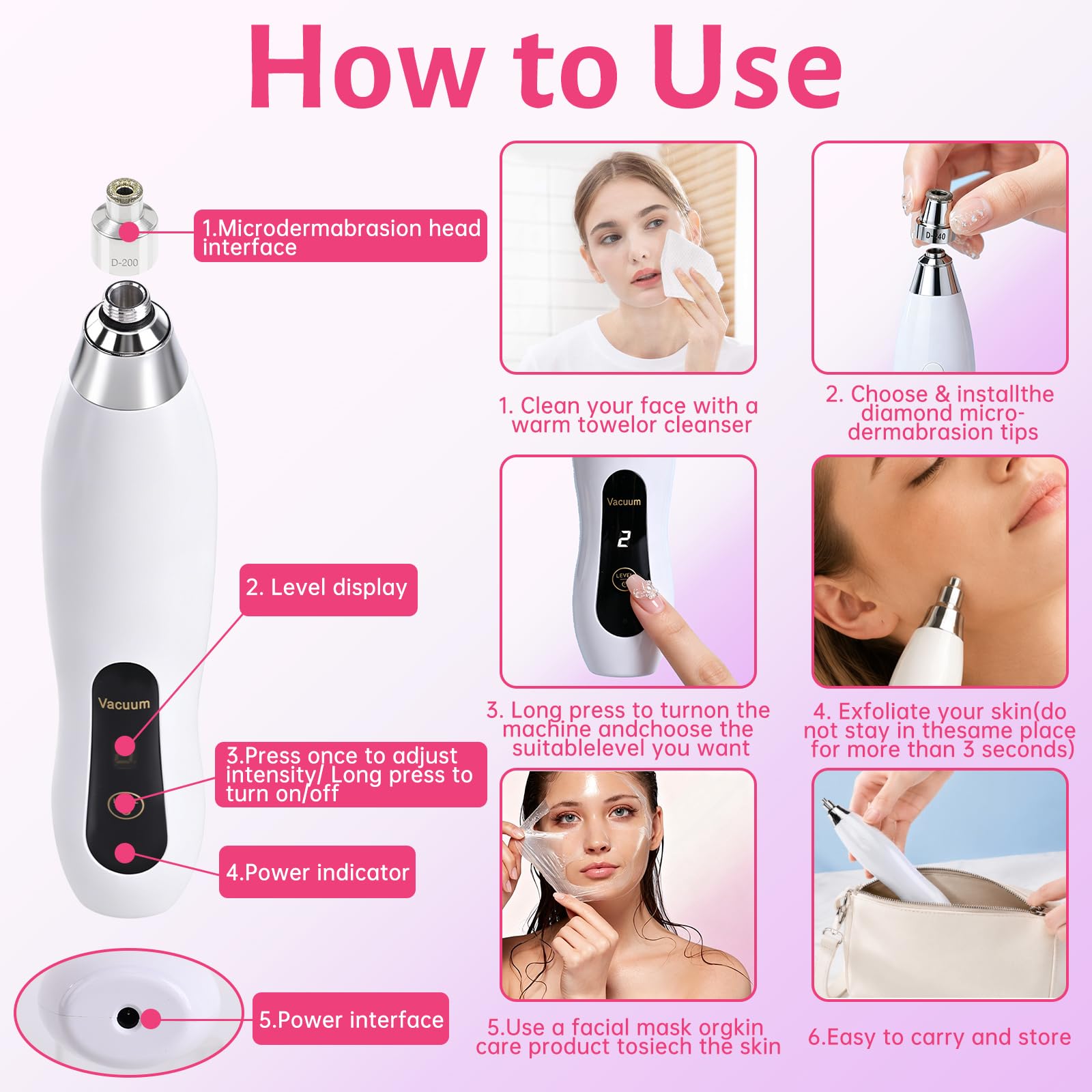 Macchina per microdermoabrasione diamantata, kit viso senza fili, portatile, per la cura della pelle domestica, 7 modalità di aspirazione regolabili con 9 teste diamantate