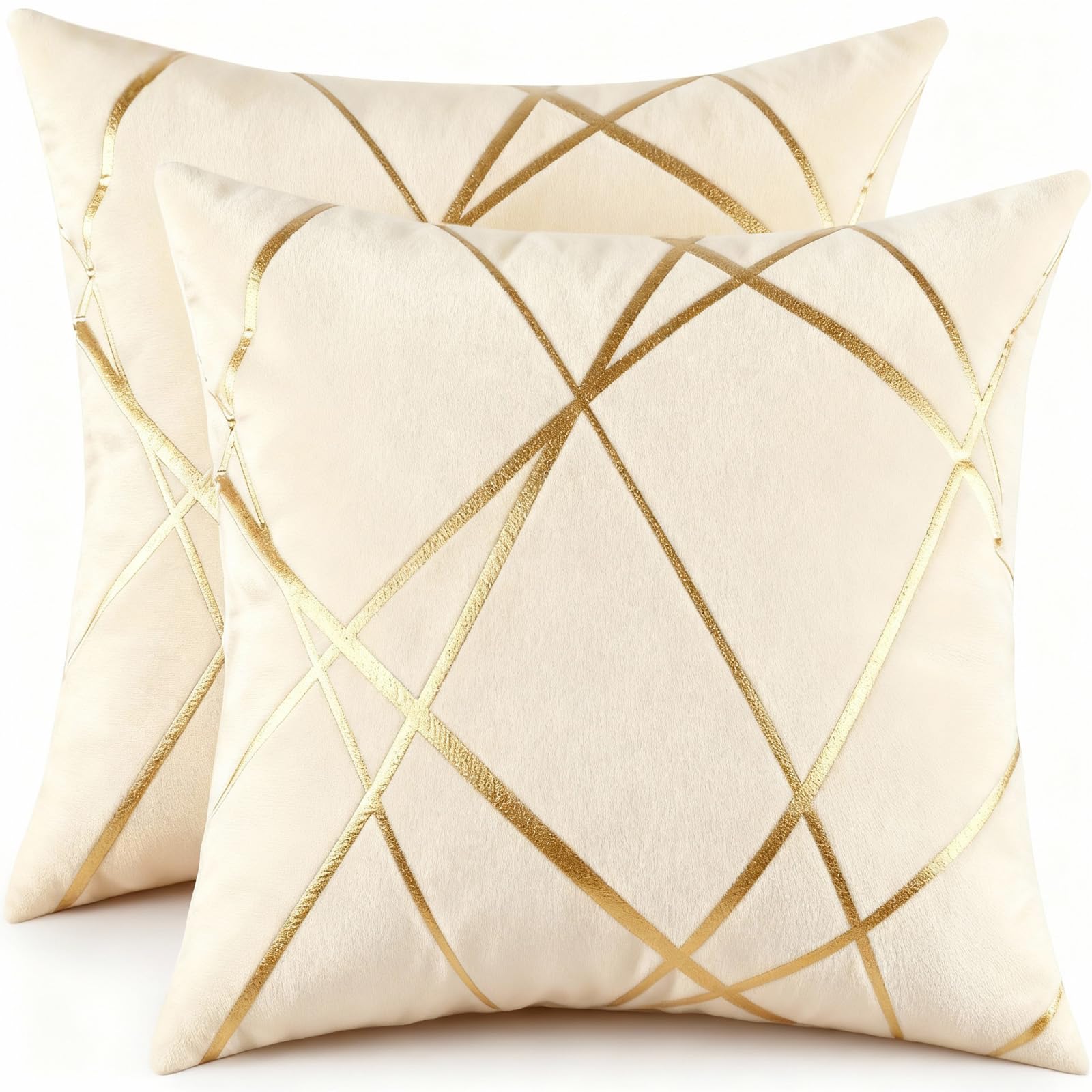 Miuyunya Pack of 2 Velvet Cushion Covers 45 x 45 cm Luxury Gold Striped Decorative Throw Pillow Covers Taupe Soft Square Cushion Case Couch Pillowcases for Sofa Living Room Bedroom