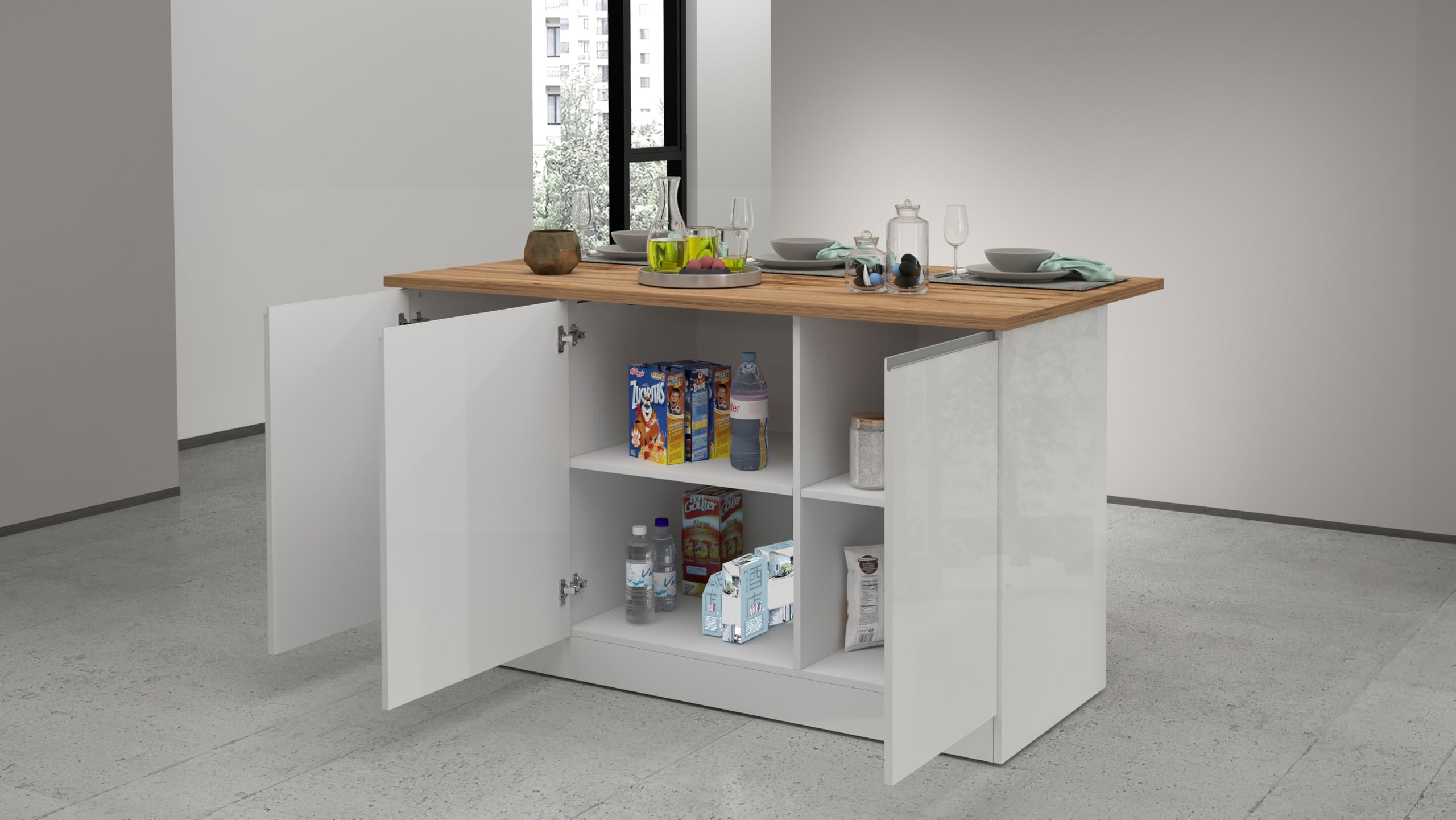 Generico Web Furniture Isola SOLE Cucina 155 x 90 x 90 cm Antracite/Report (Bianco lucido/Rovere)